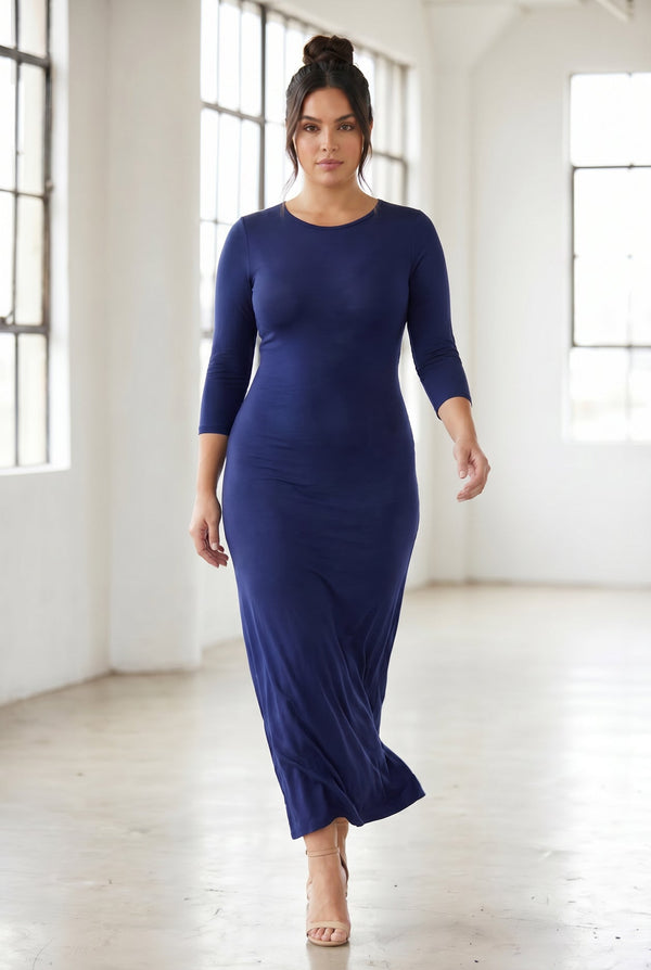Model wearing Nuggles® Maxi Layering Dress in Dark Blue