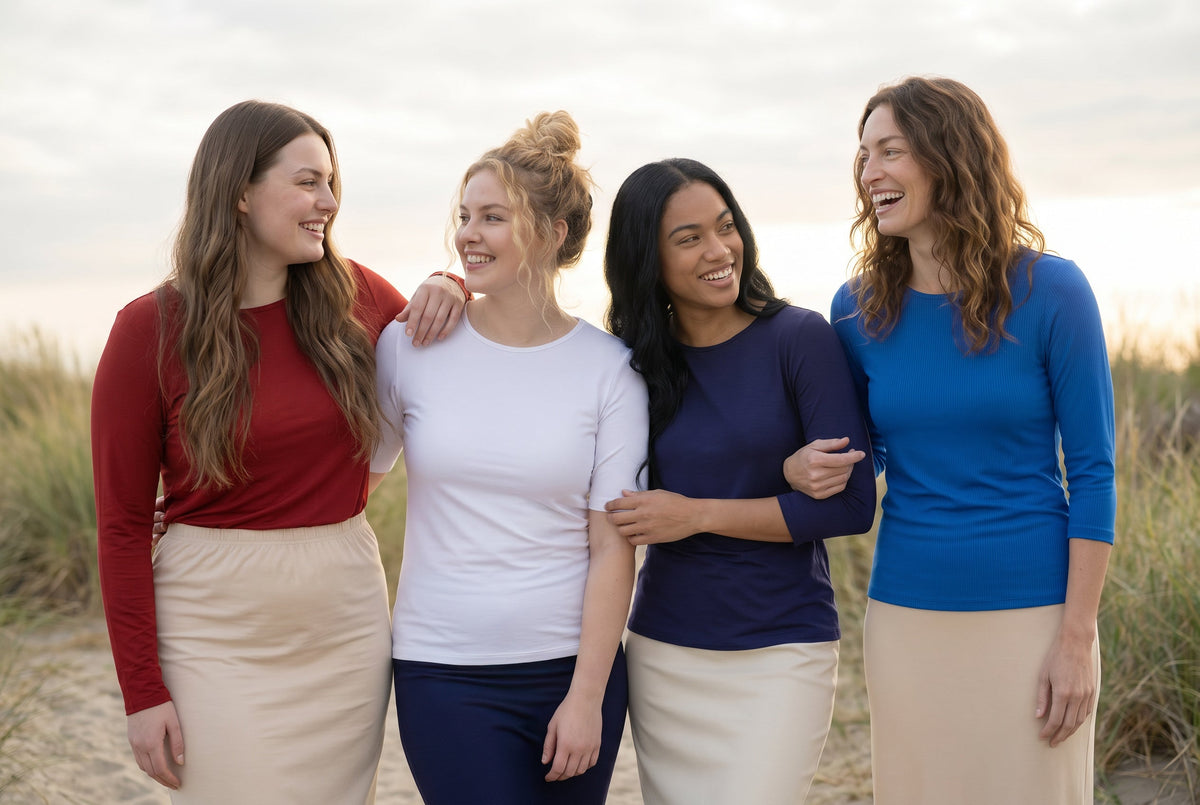 A group of women wearing red, white, and blue tees.