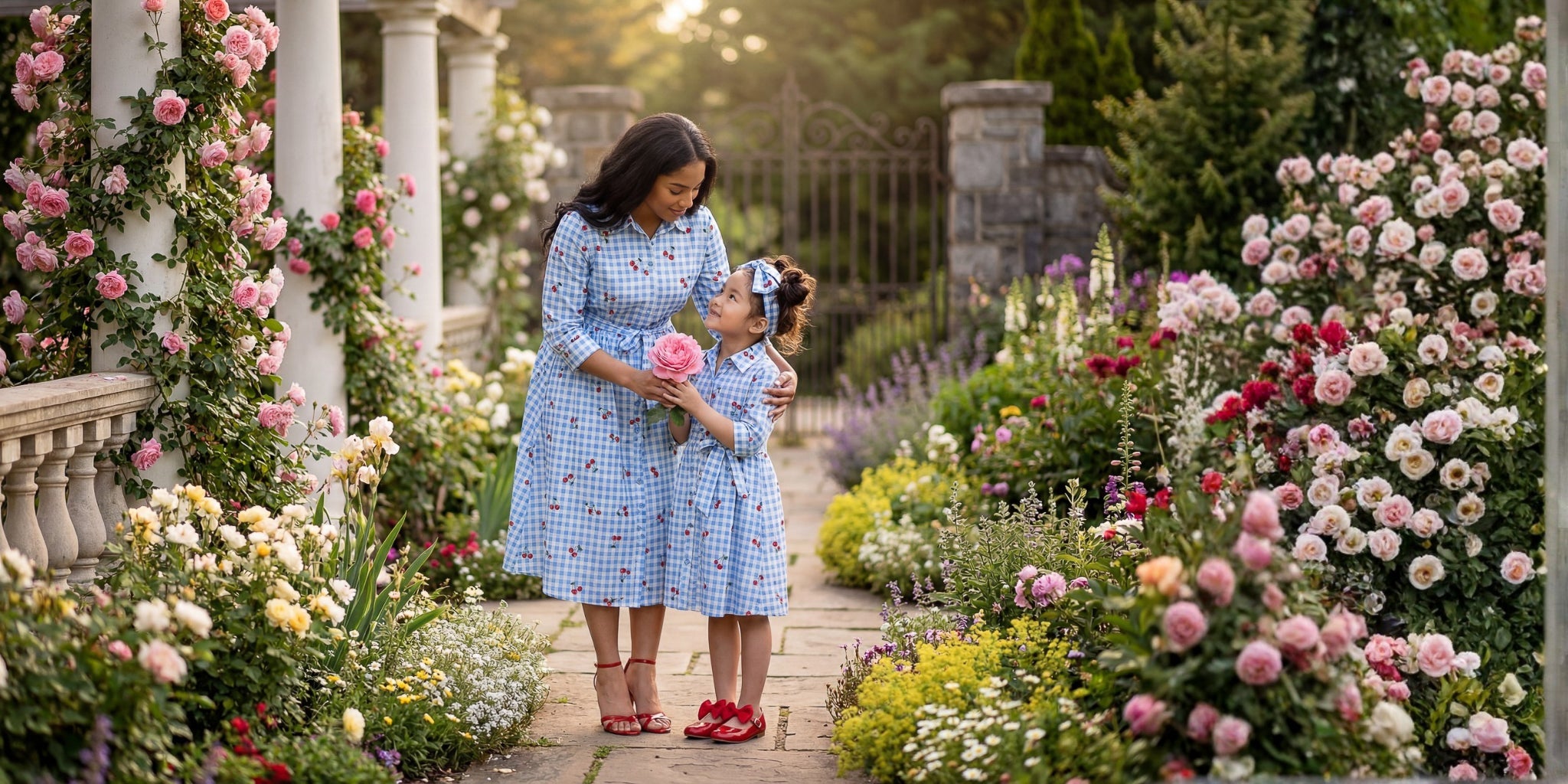 A Mom and daughters wearing a modest, midi length dress with 3/4 length sleeves.