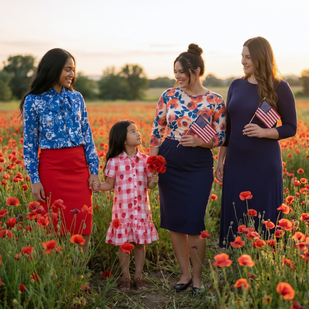 A picture of women and a girl wearing modest clothing standing in a poppy field.