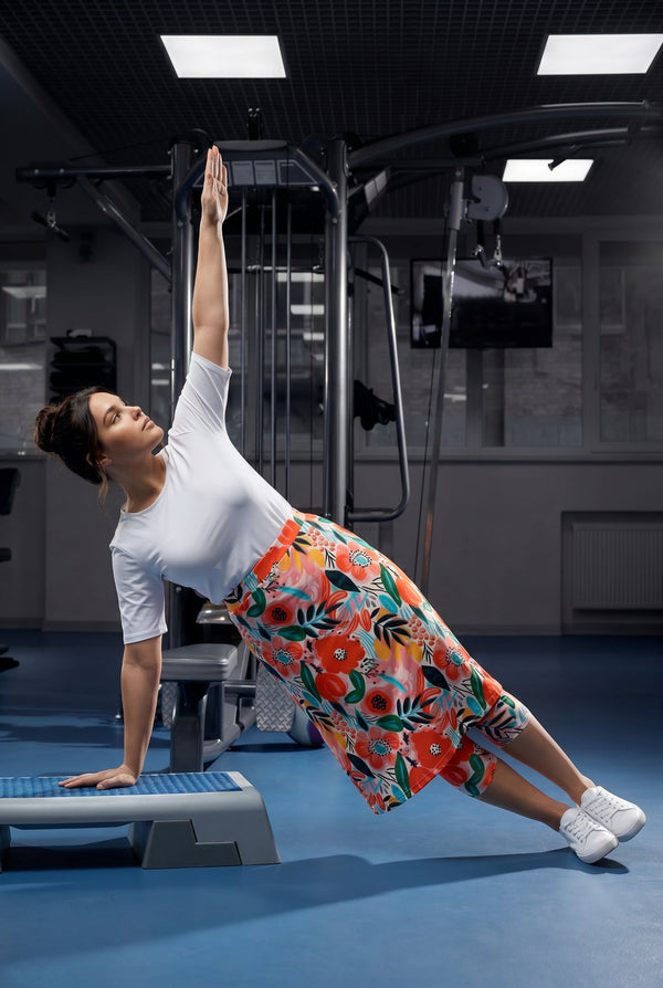 A picture of a women working out wearing a 27" sport skirt.