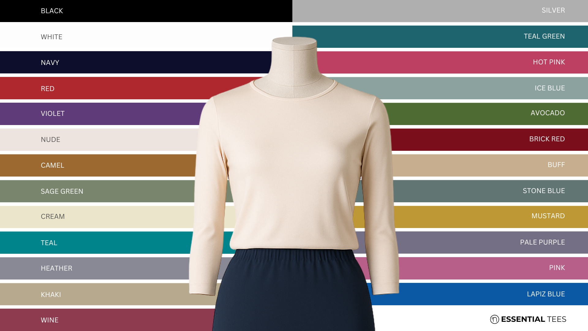 All the colors of our essential tees stacked in the shape of a triangle.