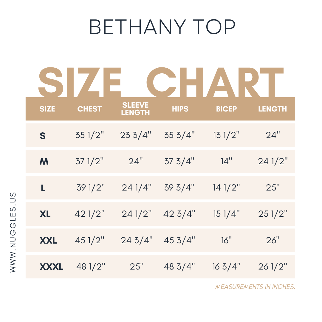 Bethany Top size chart