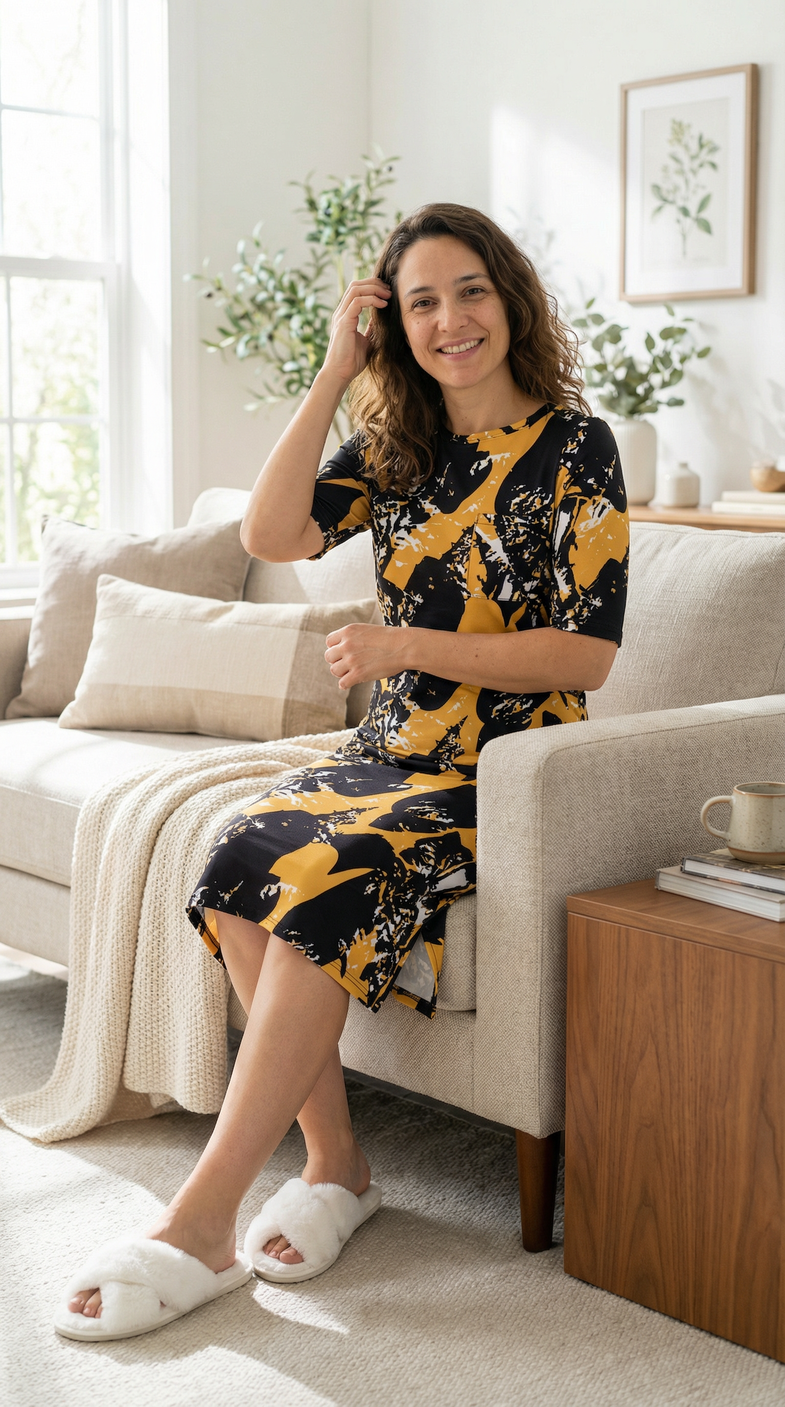 Woman sitting on a couch in a living room wearing a black and yellow dress.