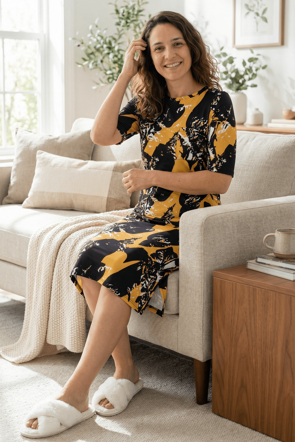 Model wearing the Nuggles® Aviva Dress in Golden Drift