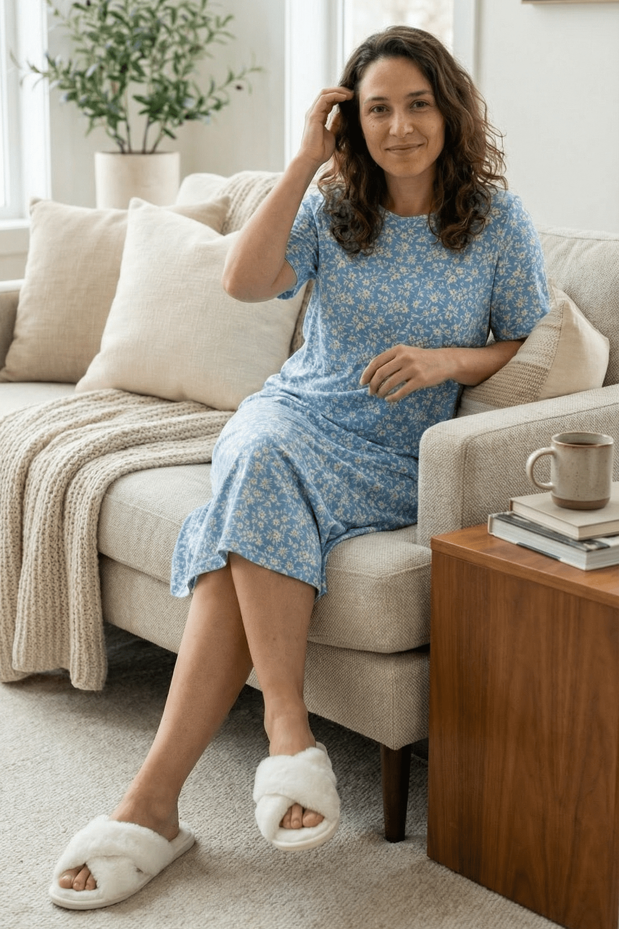 Model wearing the Nuggles® Aviva Dress in Bluebell Drift 