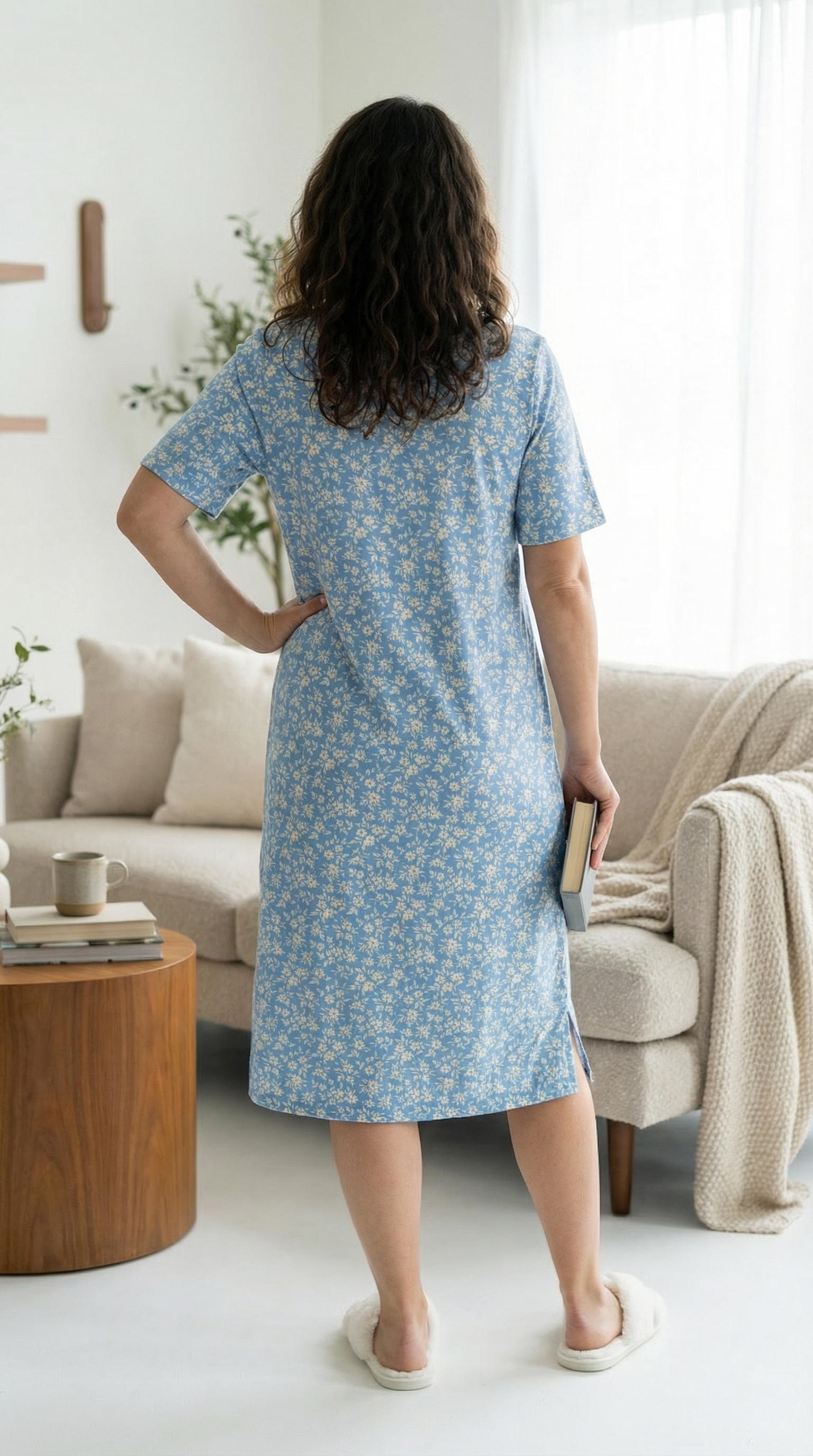 Woman in a blue floral dress standing in a living room.