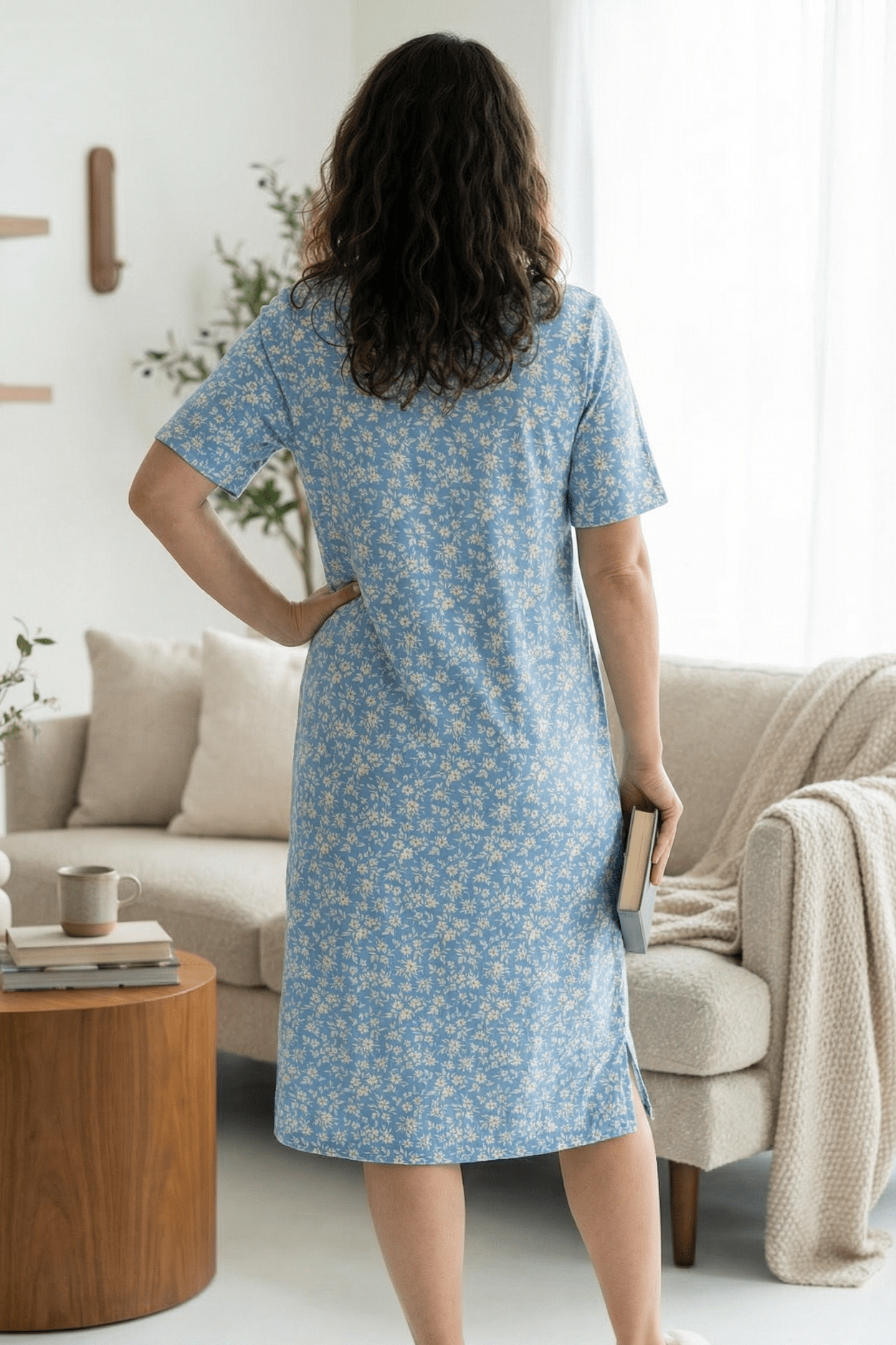 Model wearing the Nuggles® Aviva Dress in Bluebell Drift 