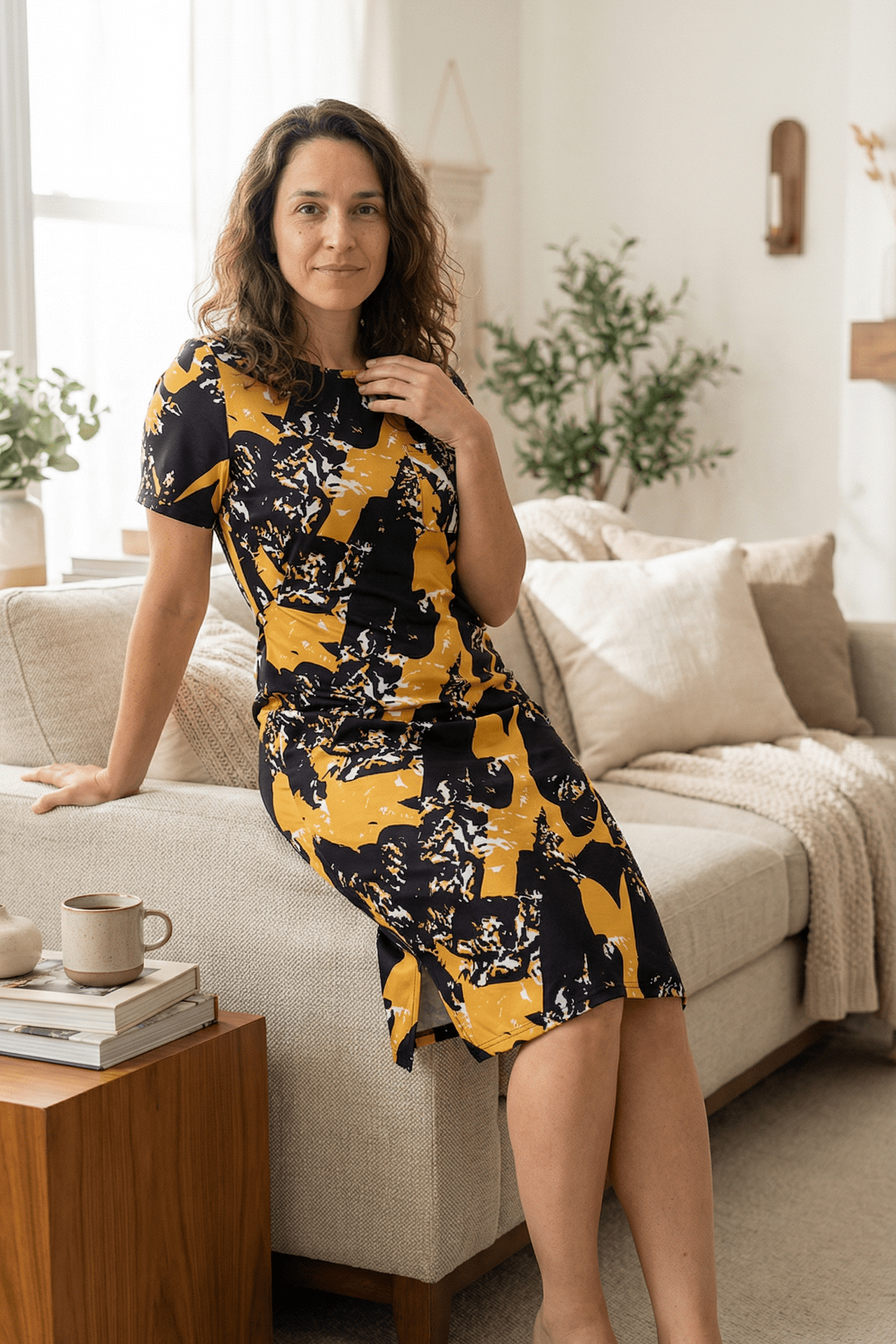 Model wearing the Nuggles® Aviva Dress in Golden Drift