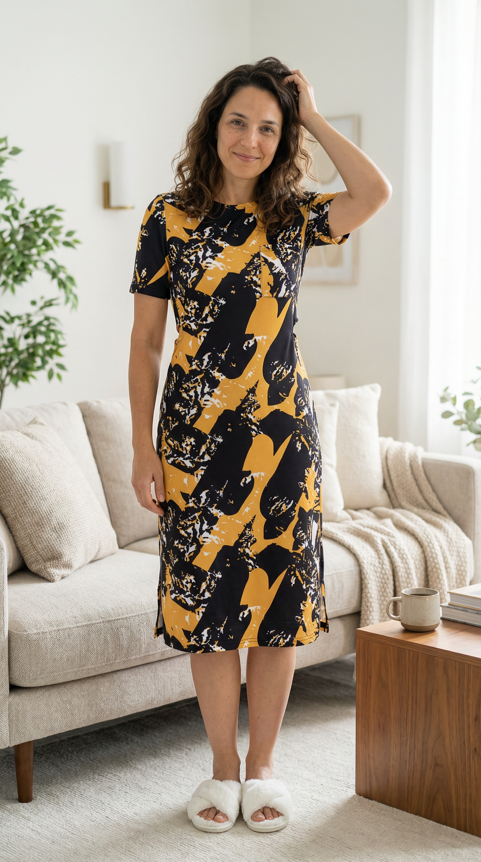 Woman wearing a black and yellow dress in a living room setting