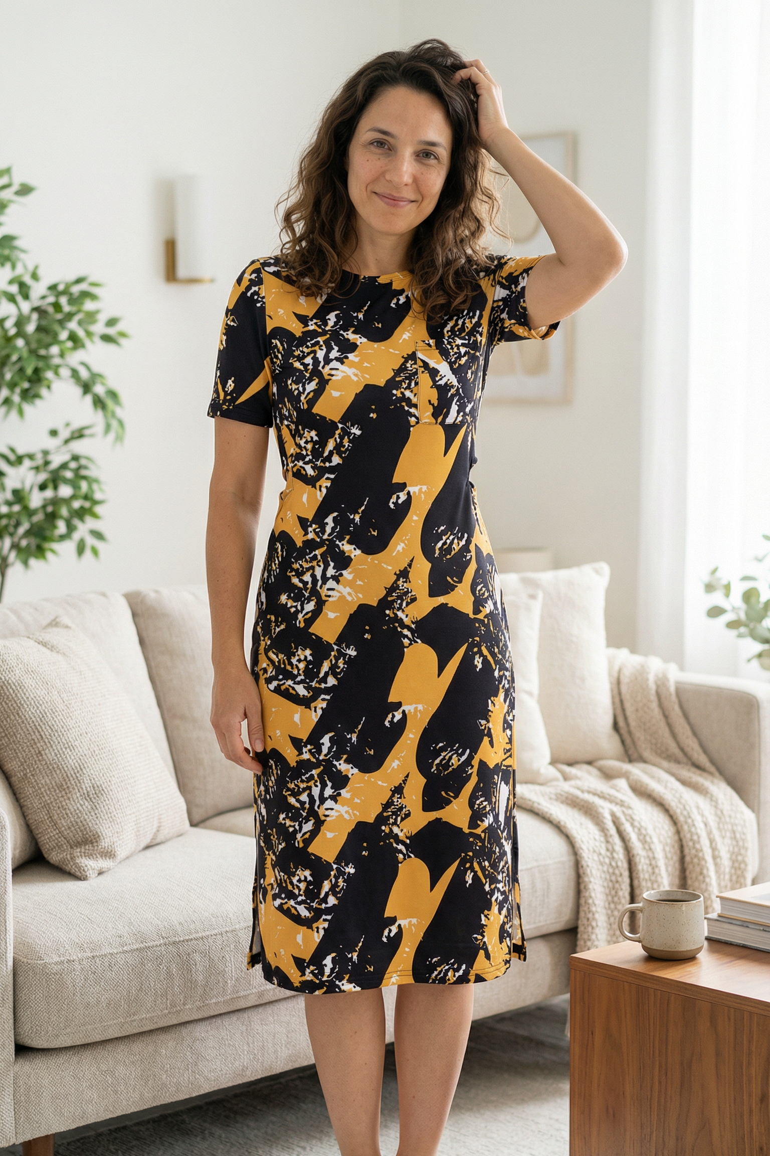 Model wearing Modest Nuggles® Aviva Dress in Golden Drift