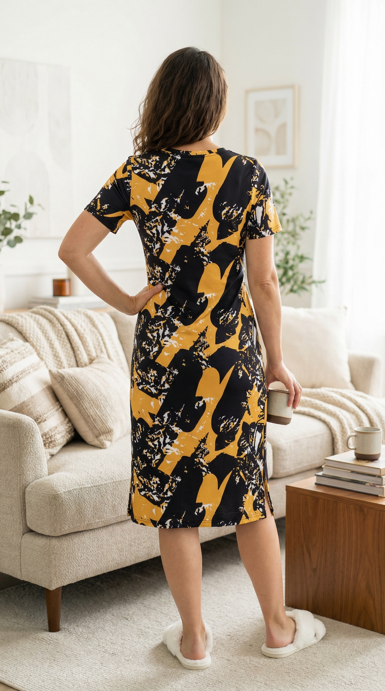 Woman wearing a black and yellow patterned dress in a living room.