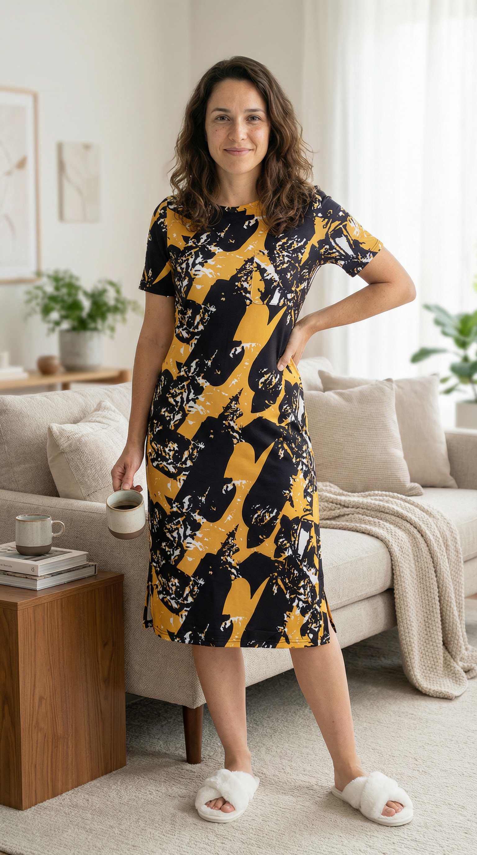 Woman wearing a black and yellow patterned dress in a living room.