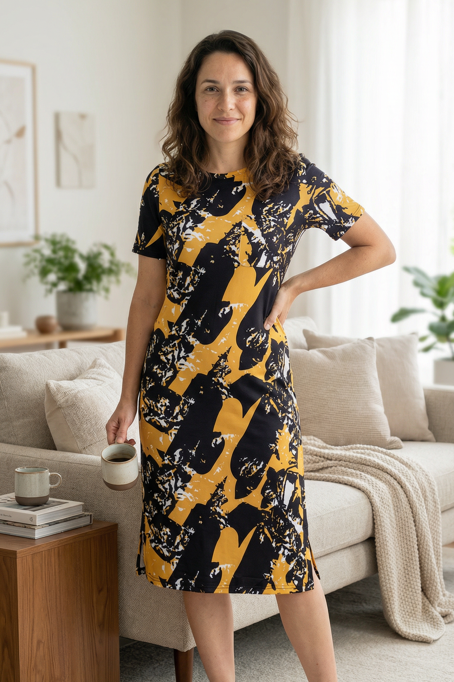 Model wearing Modest Nuggles® Aviva Dress in Golden Drift