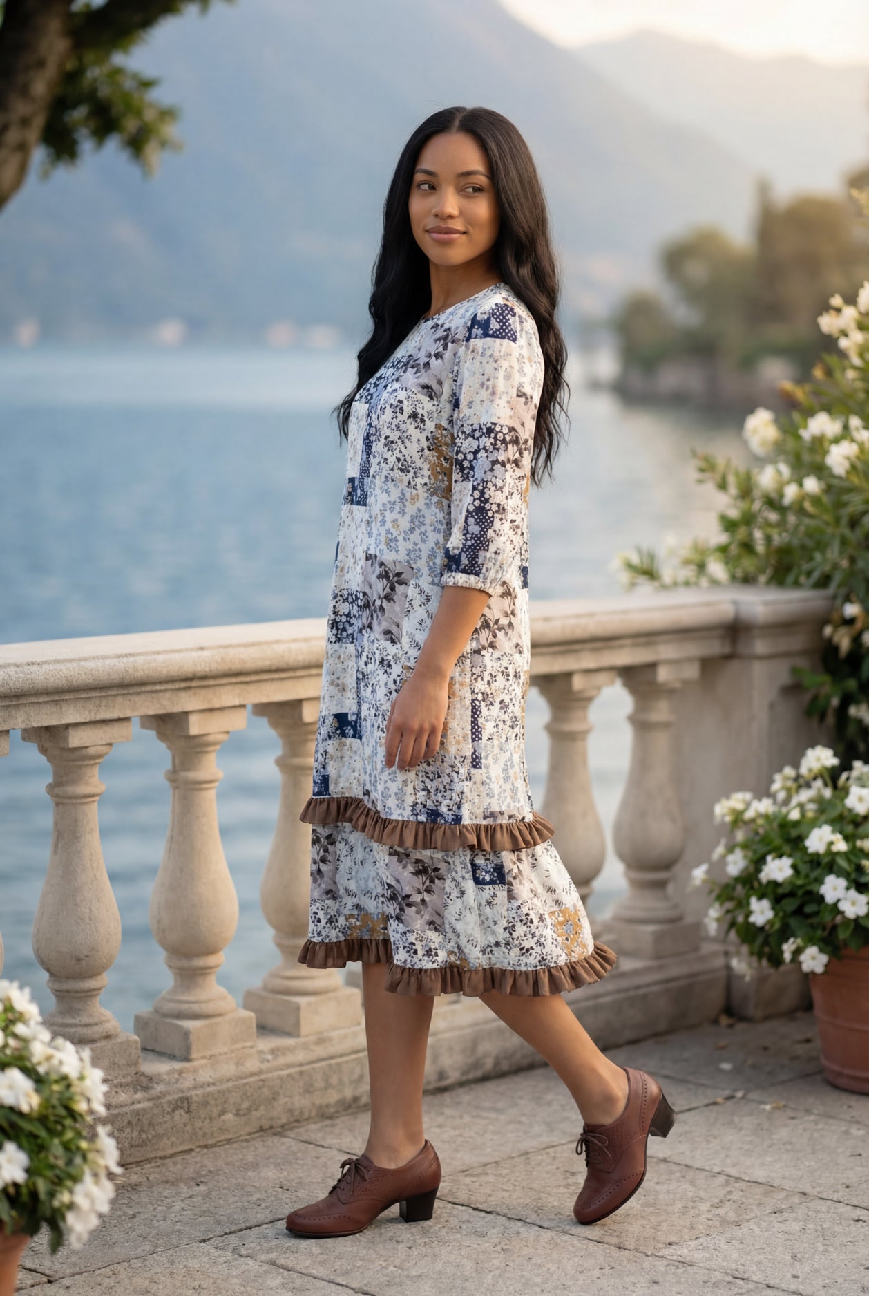 Model wearing Nuggles® Patricia Dress in Chestnut Mosaic