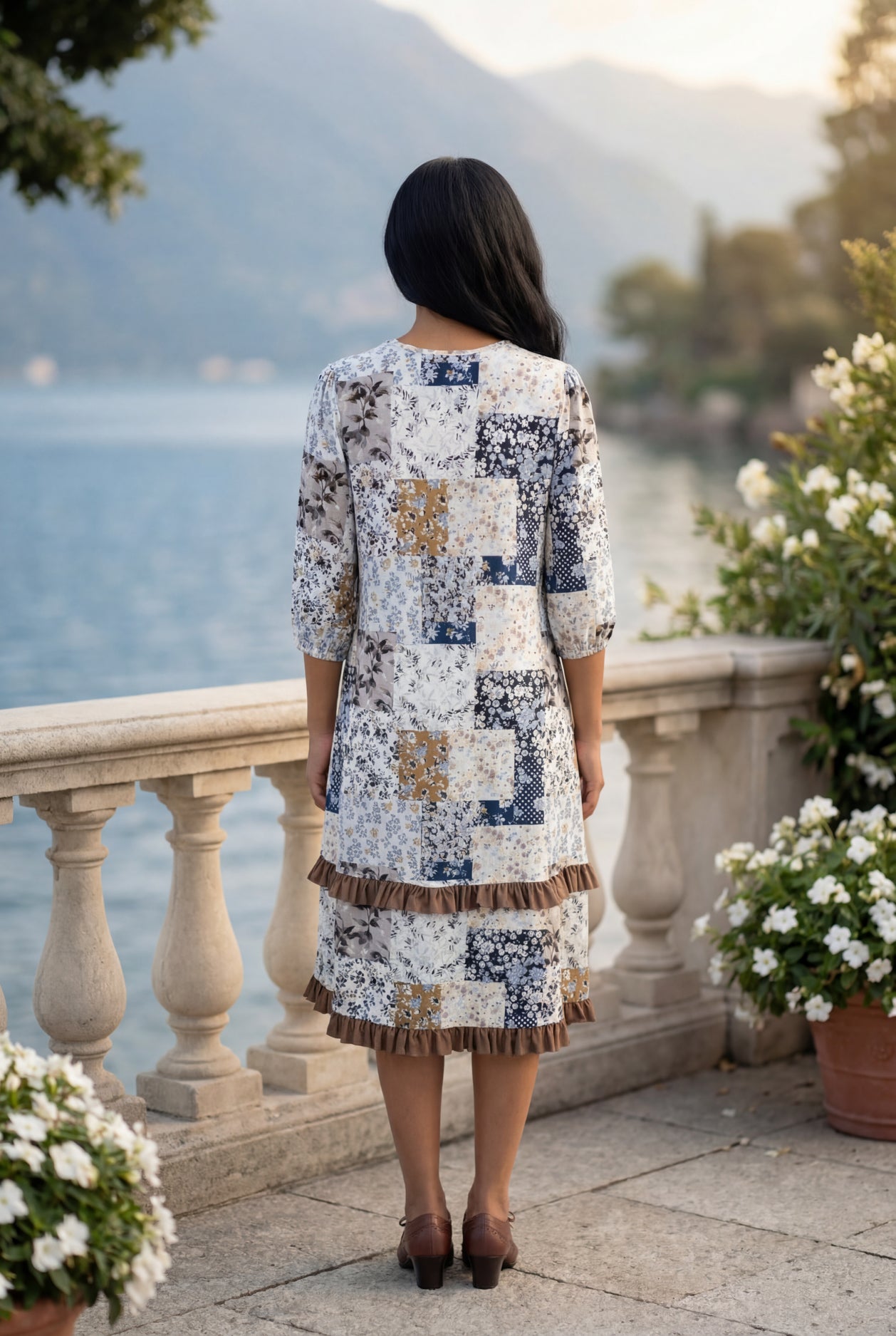 Model wearing Nuggles® Patricia Dress in Chestnut Mosaic