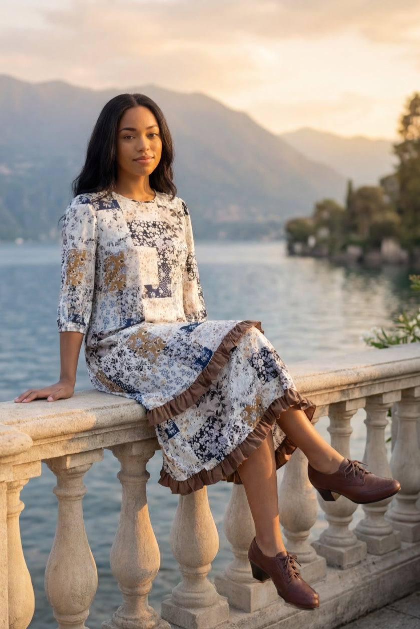 Model wearing Nuggles® Patricia Dress in Chestnut Mosaic