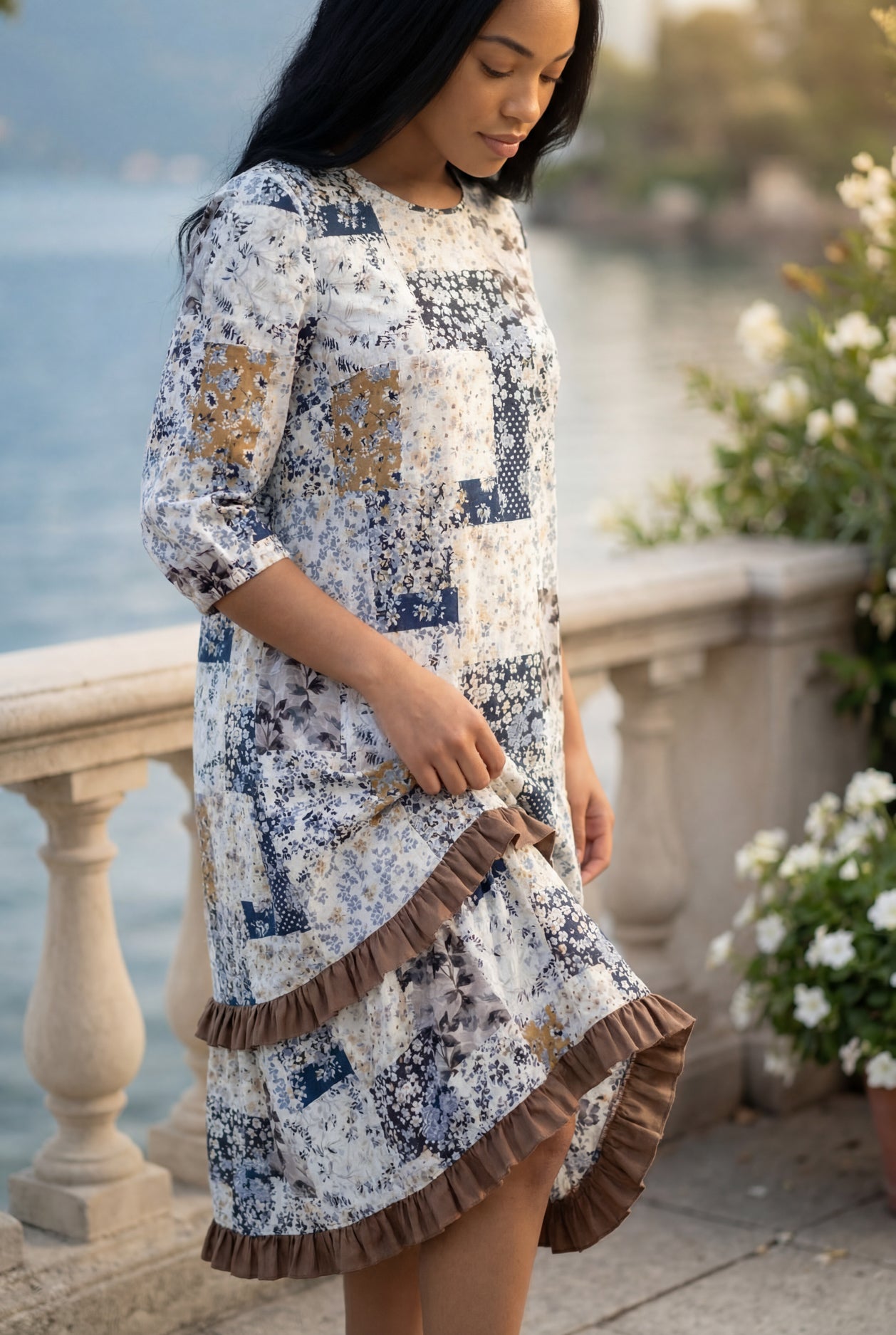 Model wearing Nuggles® Patricia Dress in Chestnut Mosaic