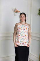 3/4 sleeve modest top contrasting prints