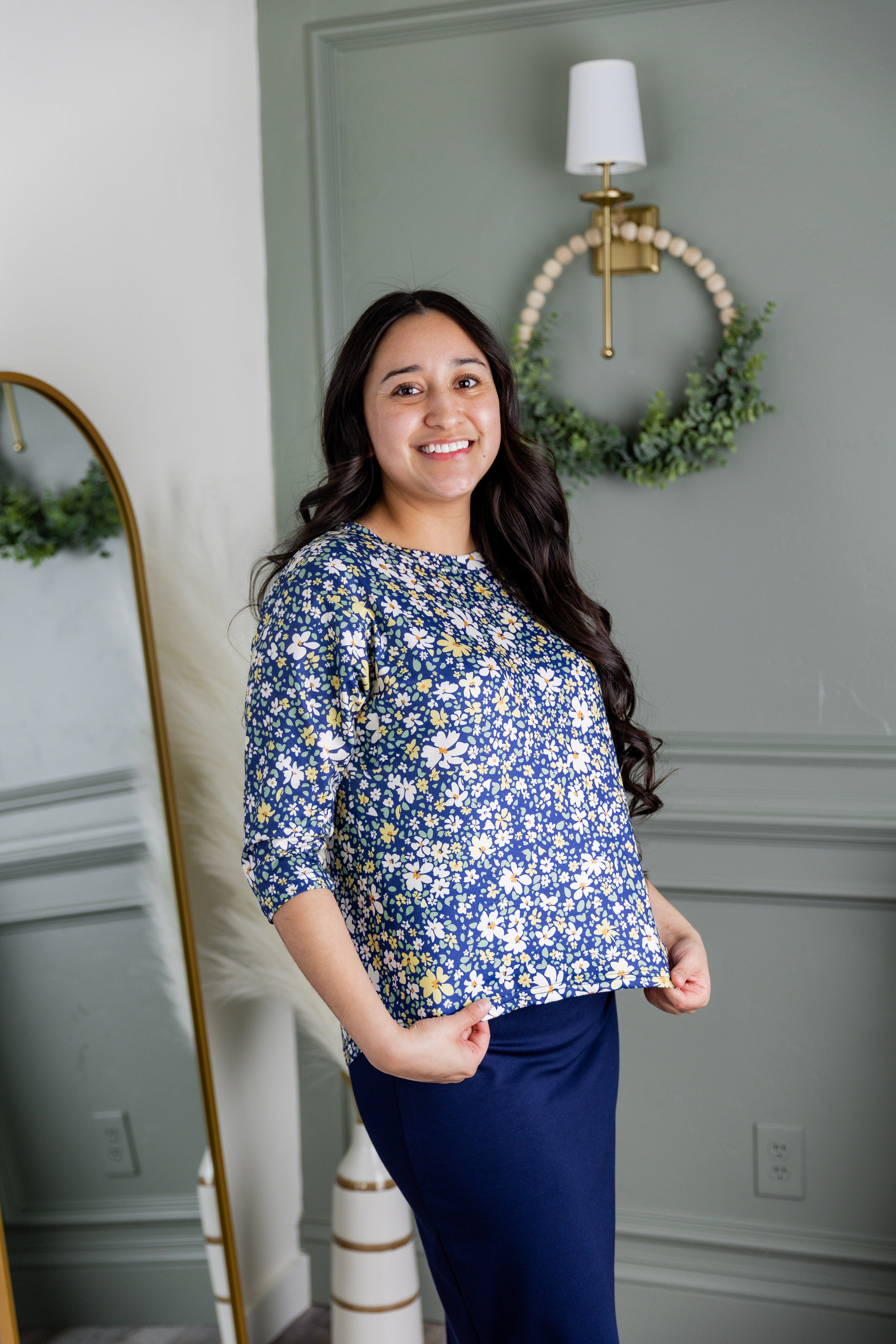 Model wearing the Nuggles® Lucia Top in Cottage Blue