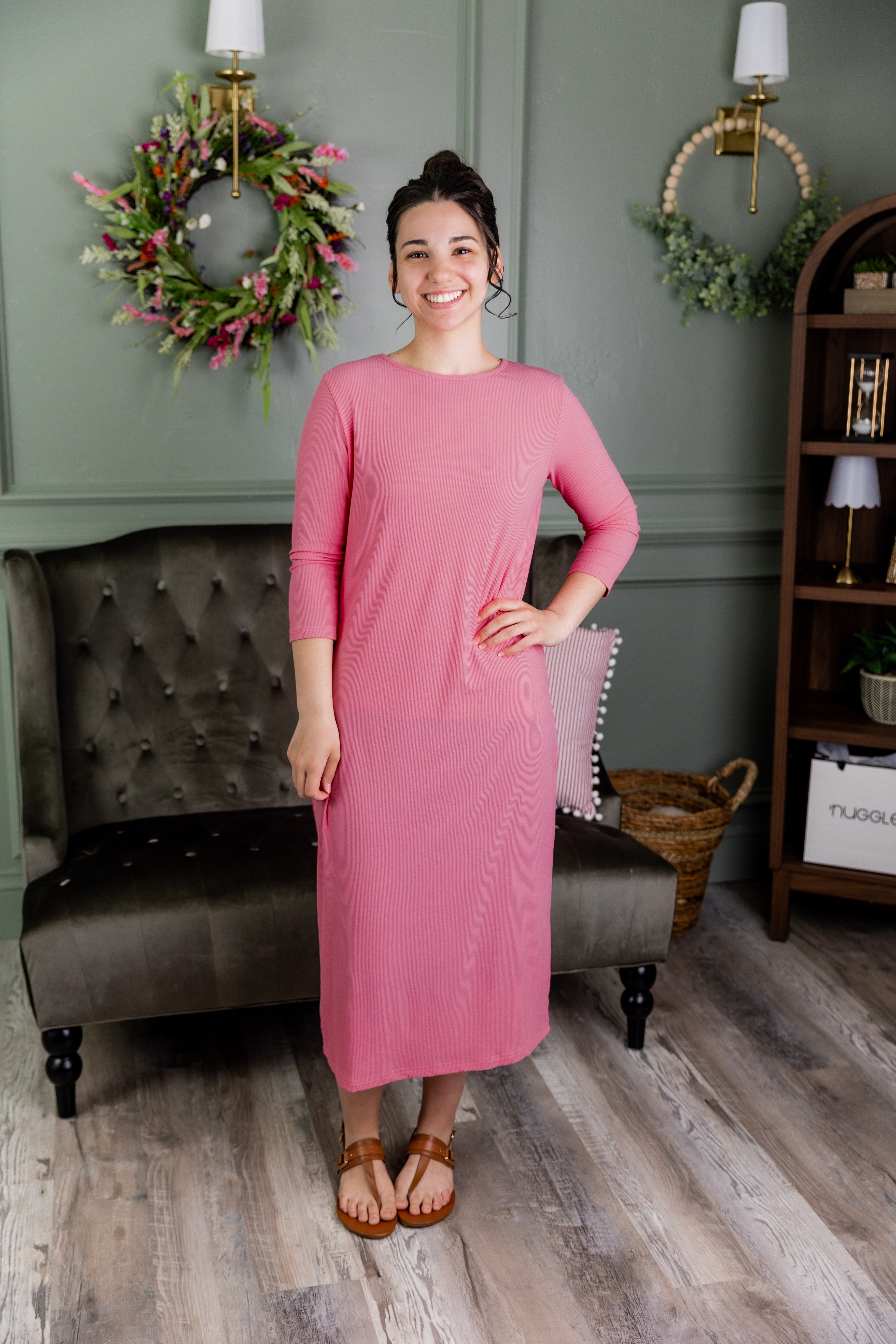 ribbed midi layering dress in pink