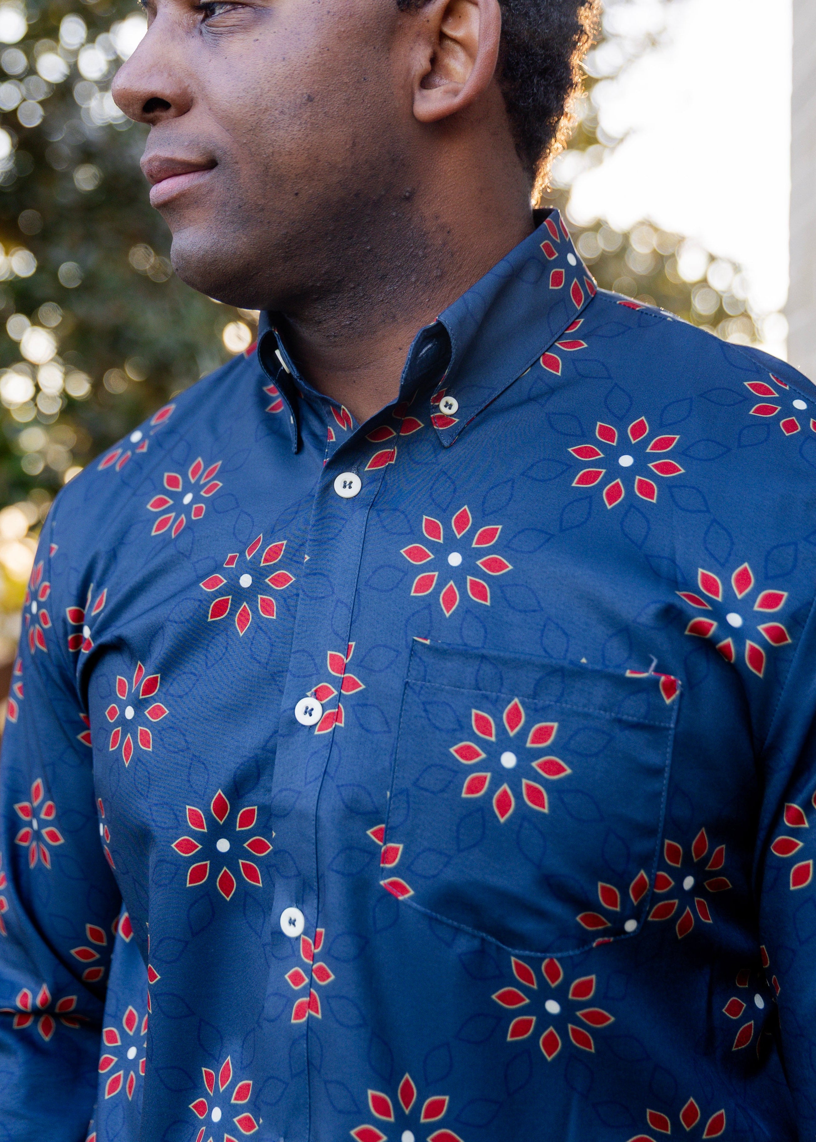 Model wearing Nuggles® Mens' Button Down Shirt Midnight Field 