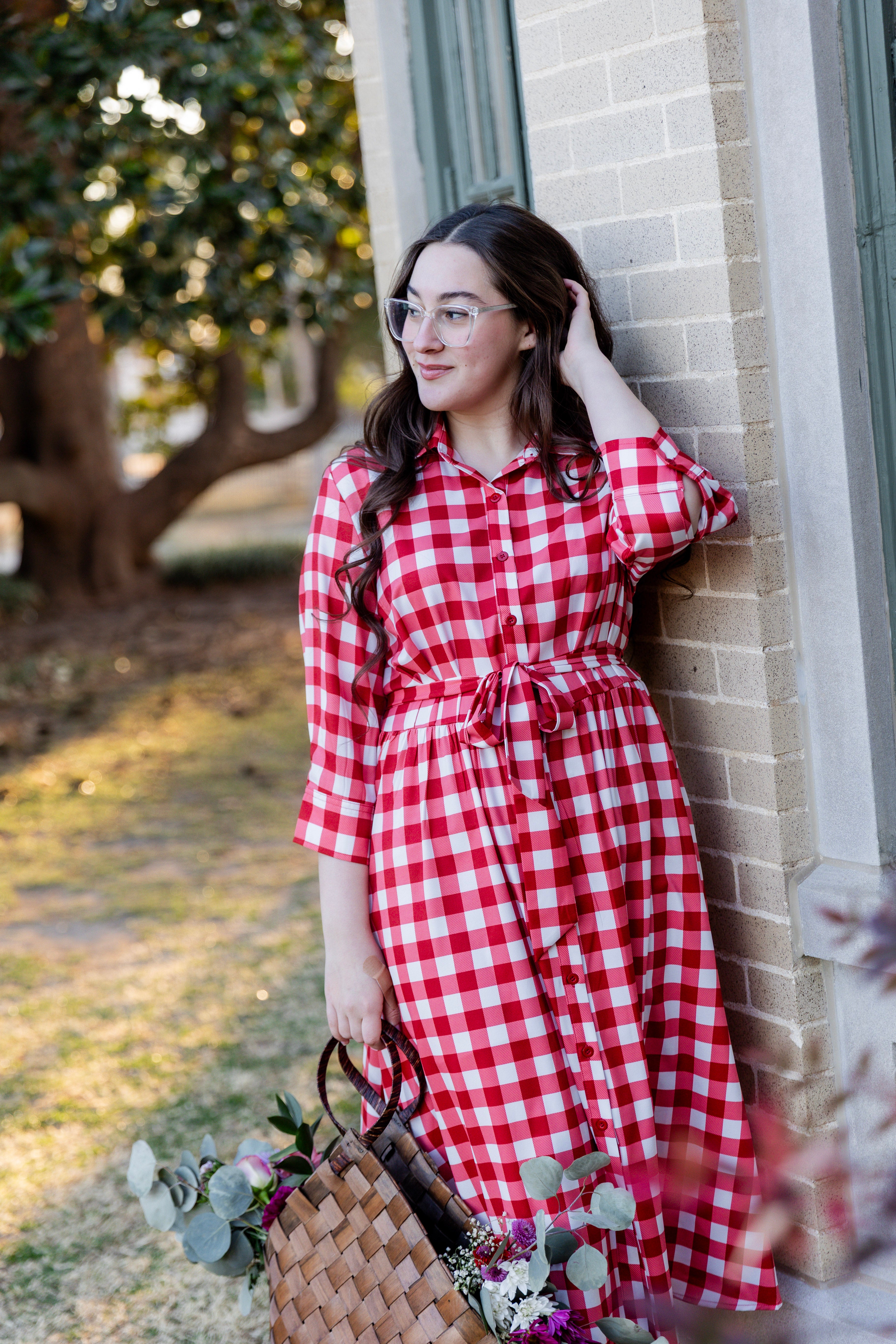 Model wearing the Nuggles® Rachel Dress in Cherry Jam