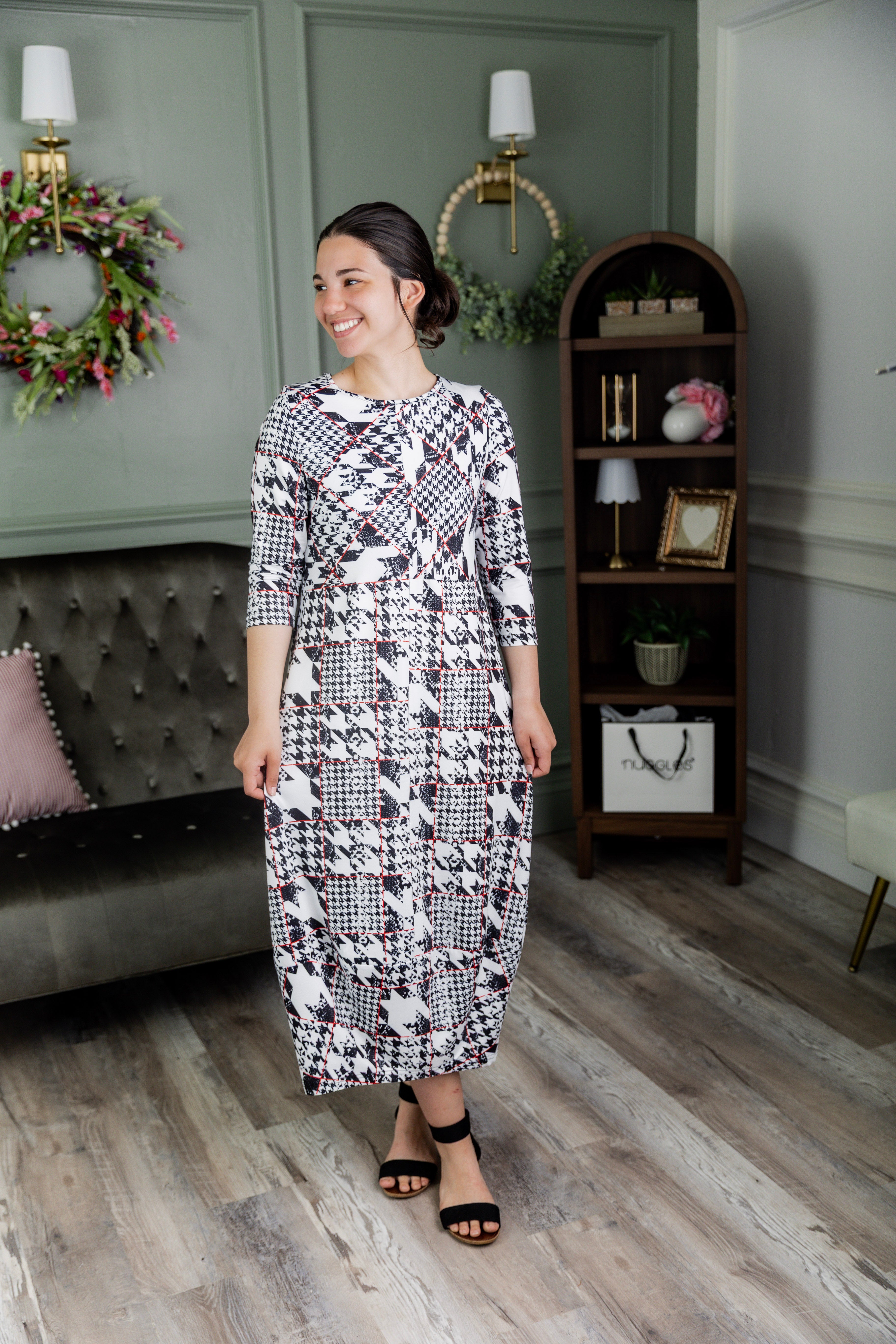 Model wearing Modest Nuggles® Cindy Bubble Dress in Midtown Plaid