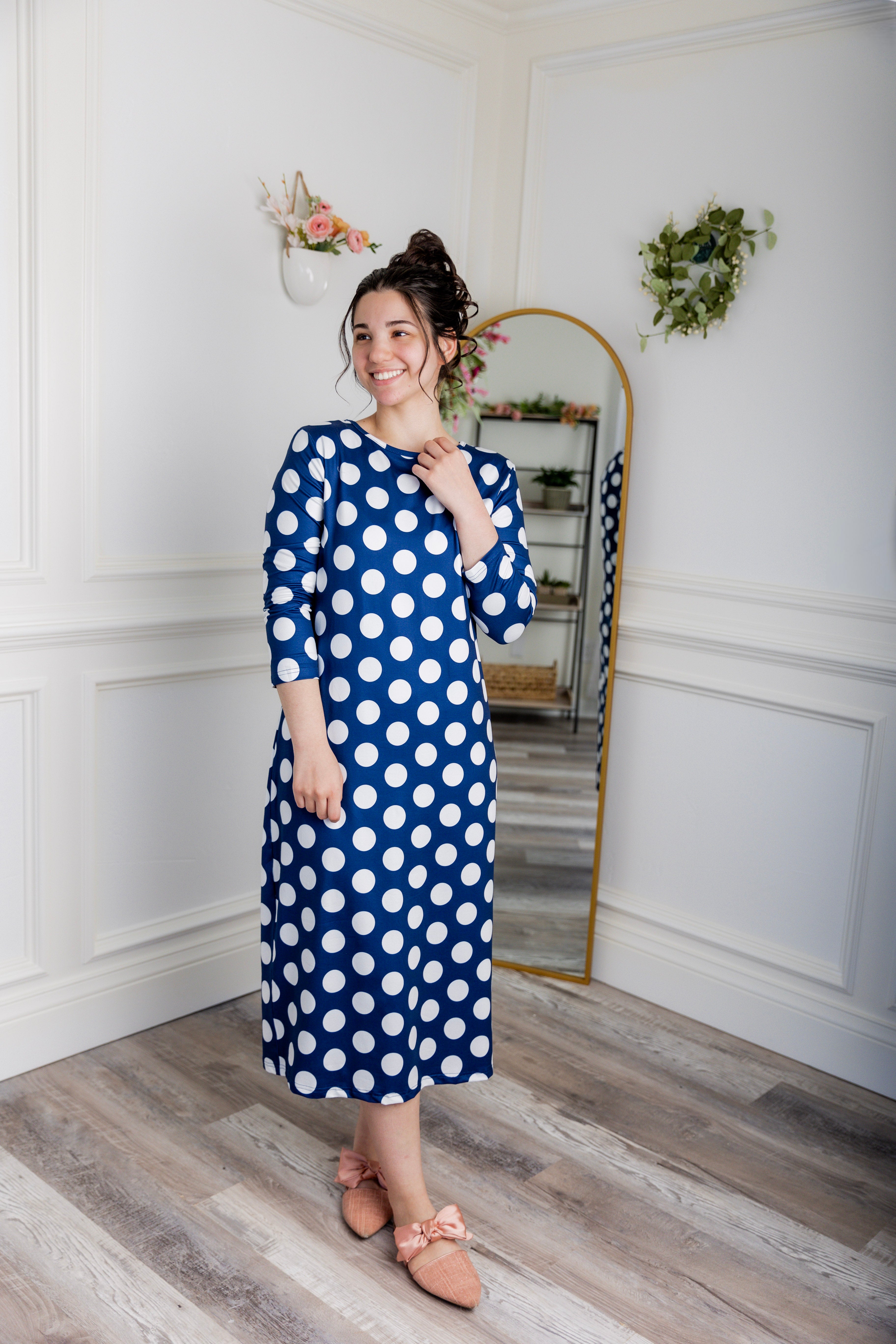 Model wearing  Nuggles® Original Style Midi Layering Dress in soft cotton knit