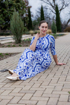 modest maxi dress pretty prints with 3/4 sleeve