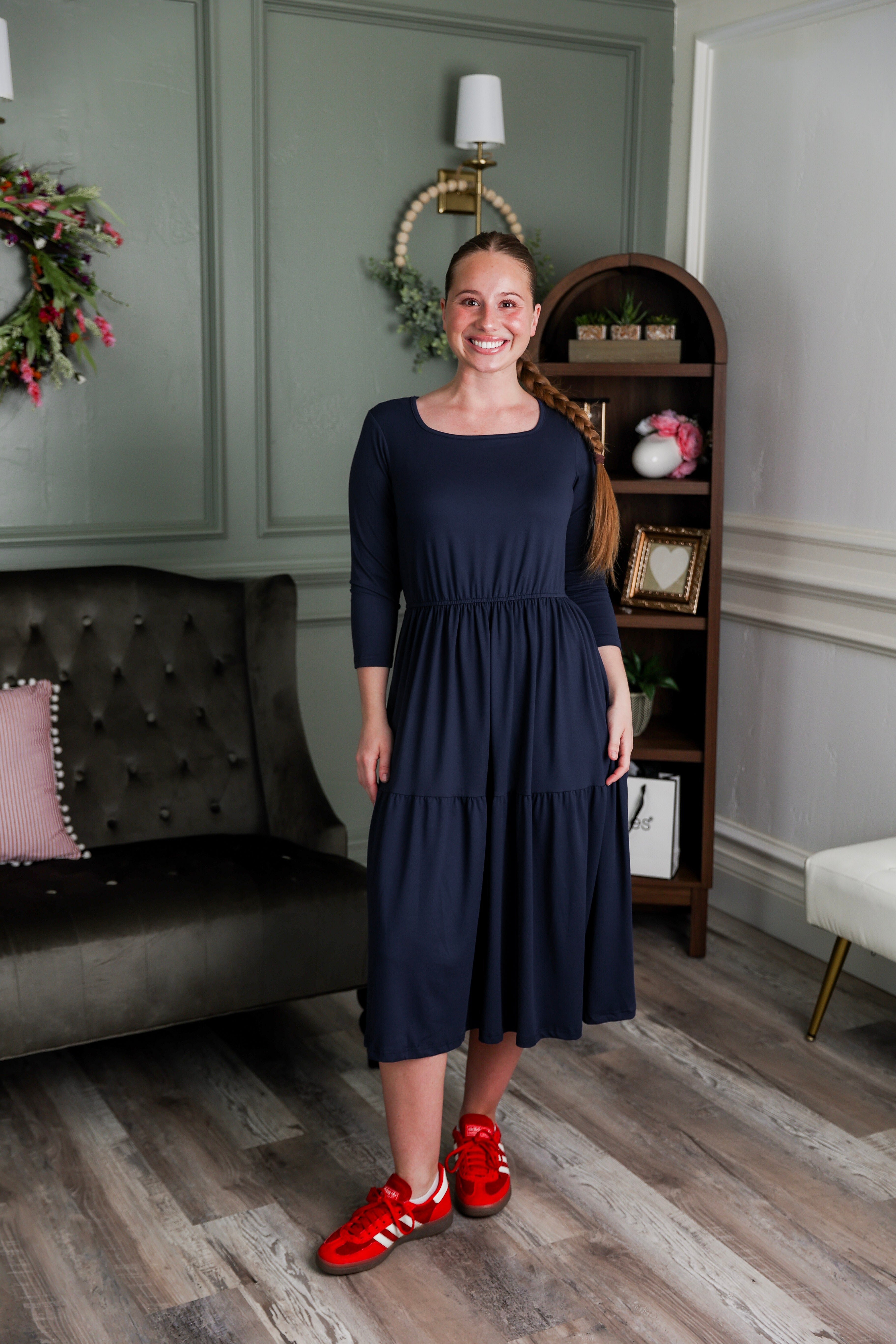 Model wearing Modest Nuggles® Nova Dress in Navy