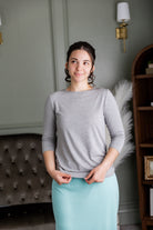 Model wearing our Nuggles® Essential 3/4 sleeve tee.