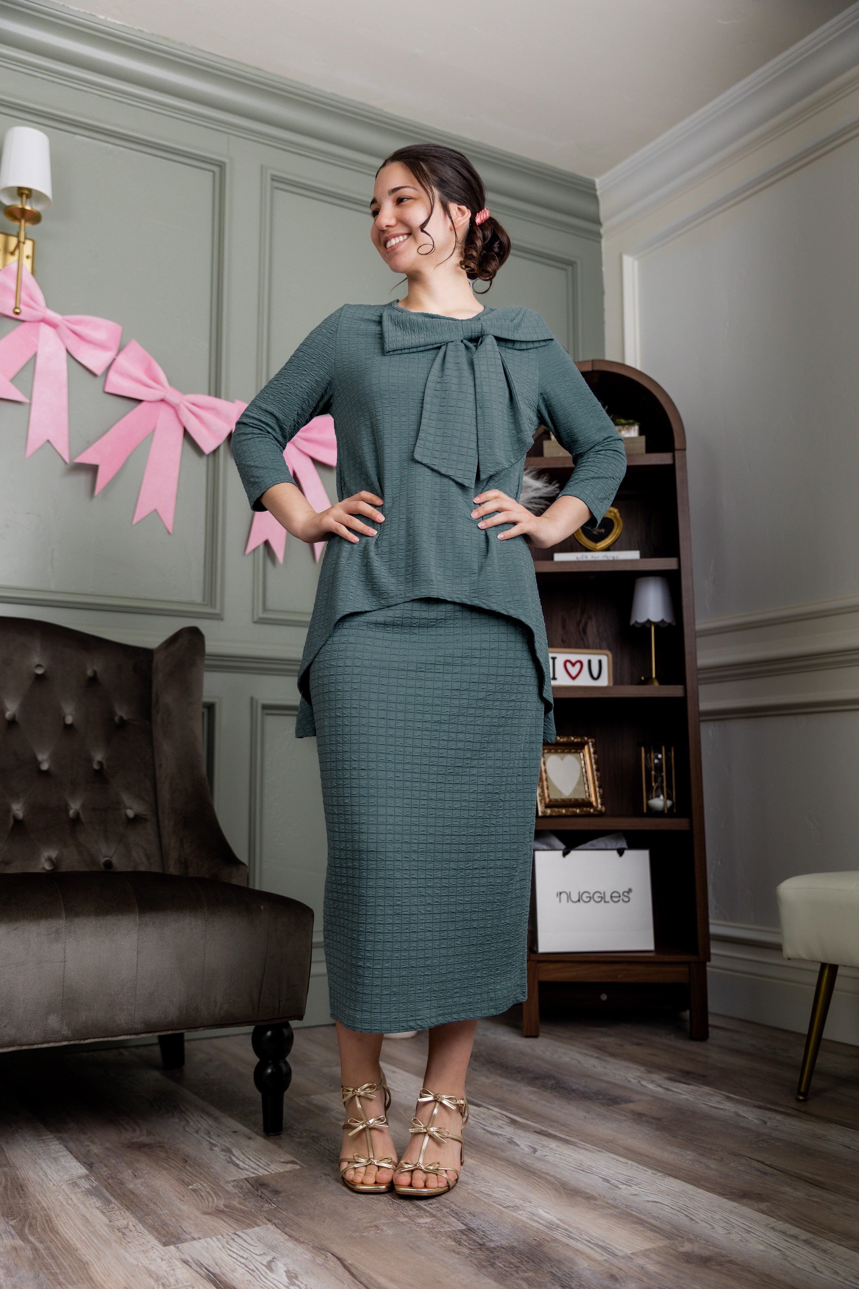 Model wearing Nuggles® 31" Eleanor Skirt in Green