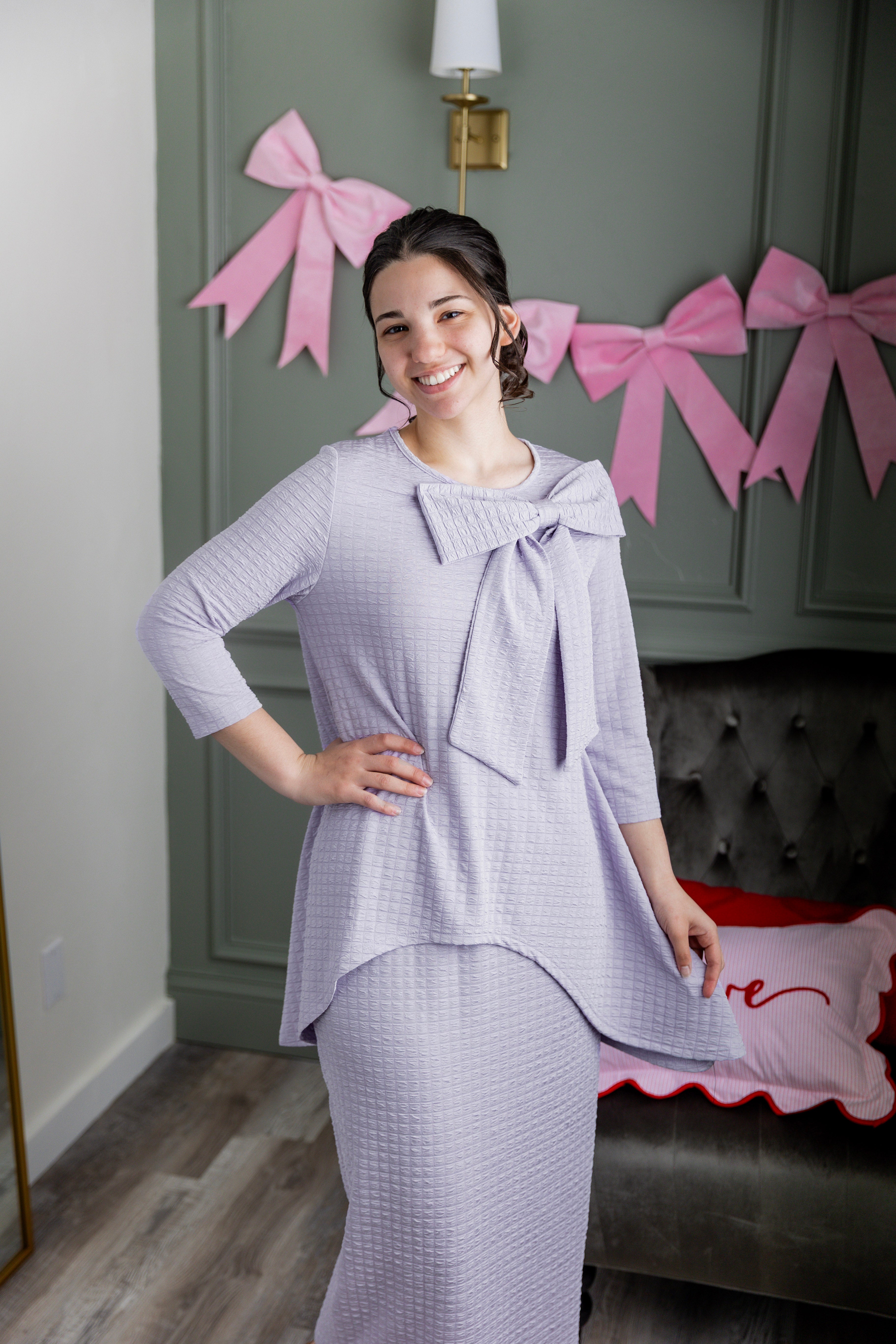 Model wearing Nuggles® Eleanor Top in Lilac