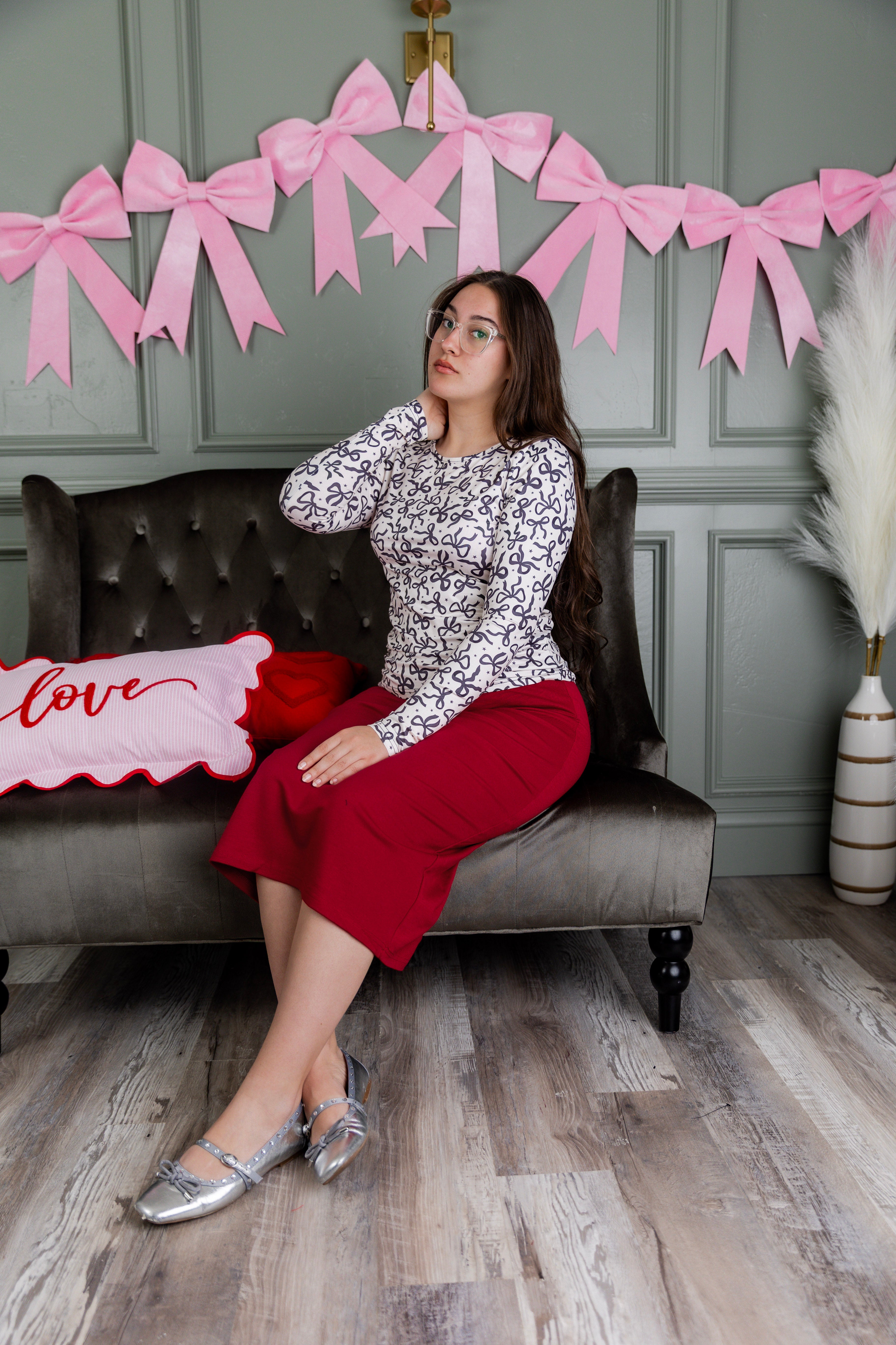 Model wearing Nuggles® 27" Relaxed Skirt in Brick Red