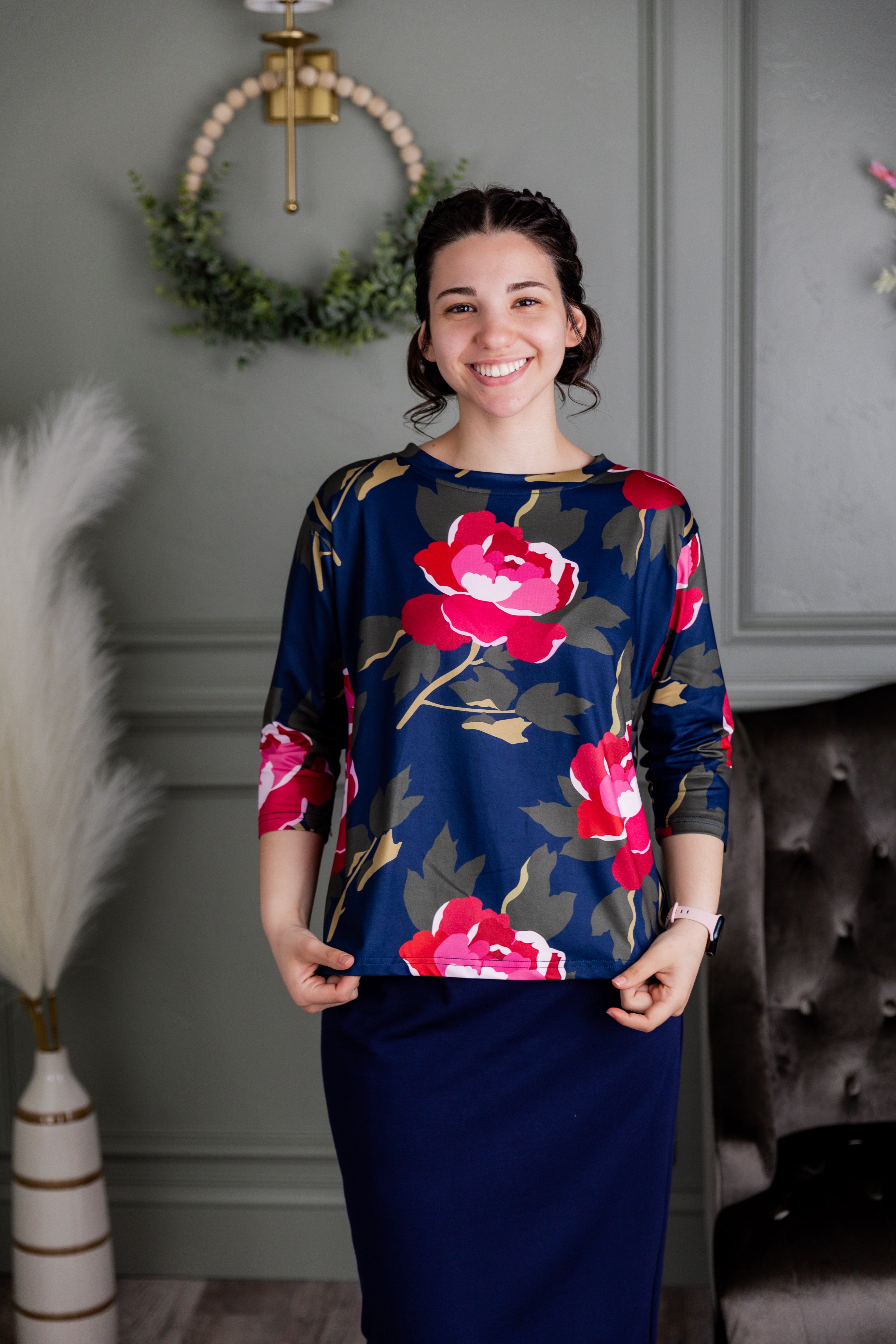 Model wearing the Nuggles® Lucia Top in Rosewood Nights