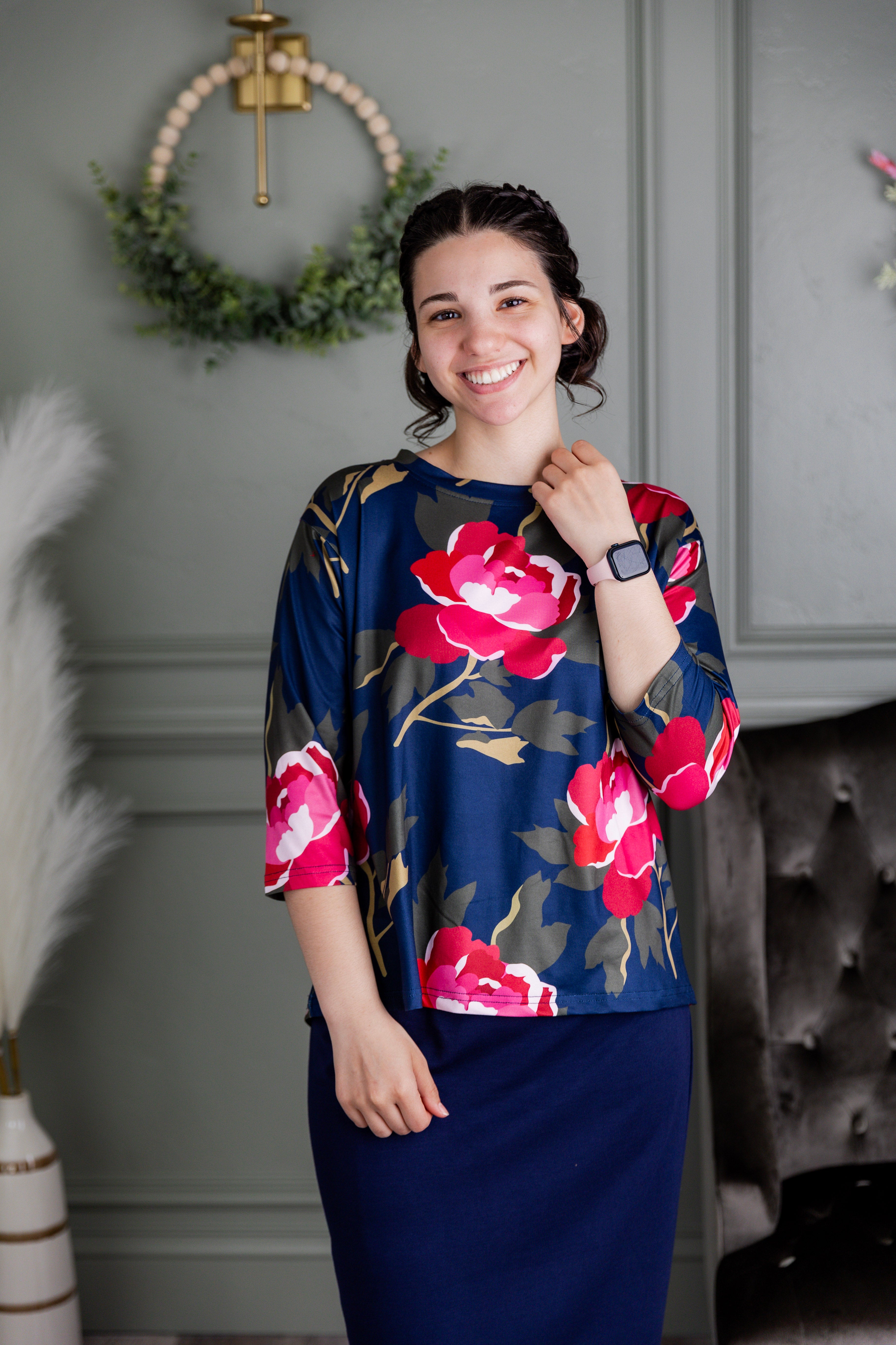 Model wearing the Nuggles® Lucia Top in Rosewood Nights