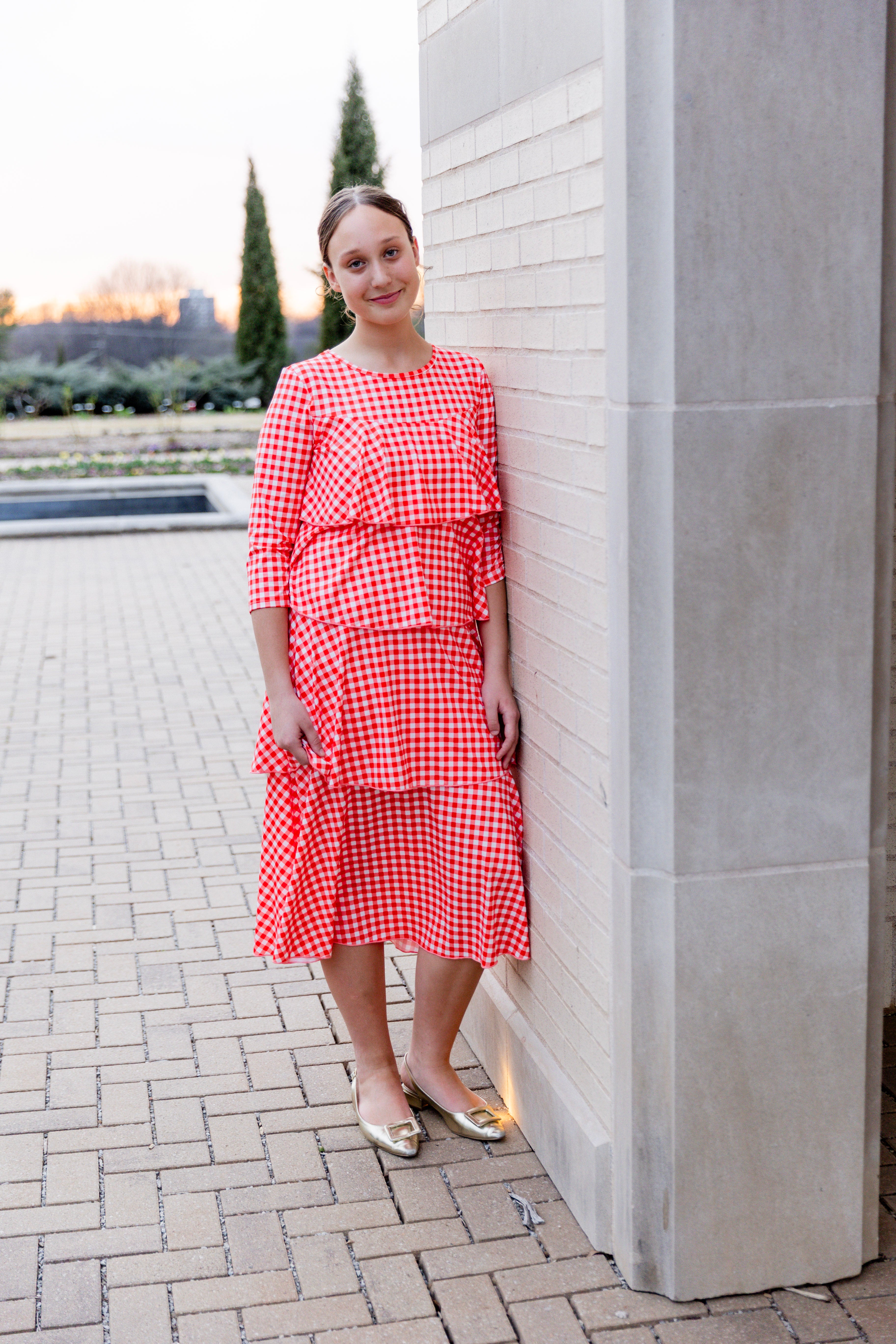 Model wearing the Olivia Dress in soft, modest fabric – timeless, ruffle-free design ideal for church, work, or everyday wear