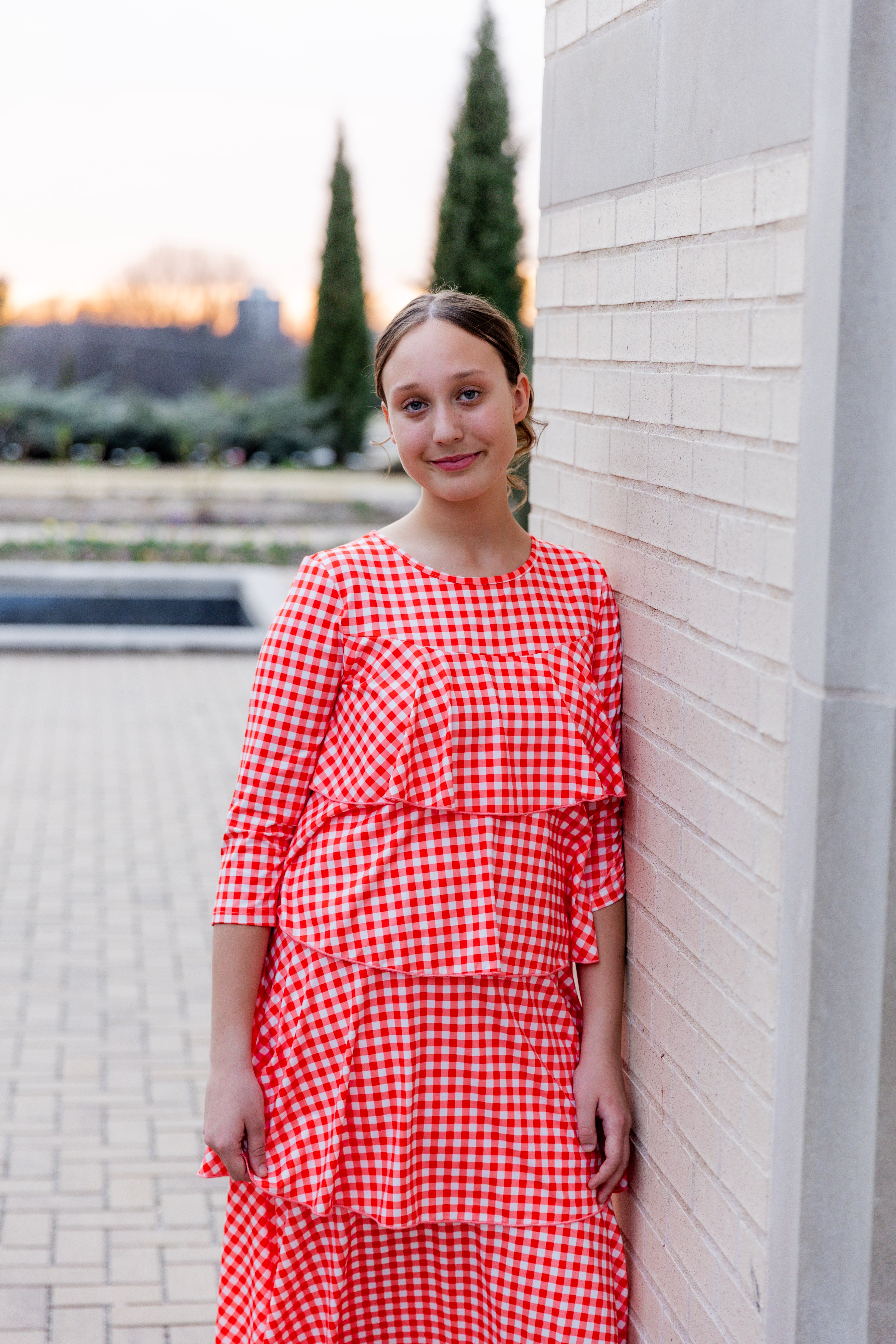 Model wearing the Olivia Dress in soft, modest fabric – timeless, ruffle-free design ideal for church, work, or everyday wear