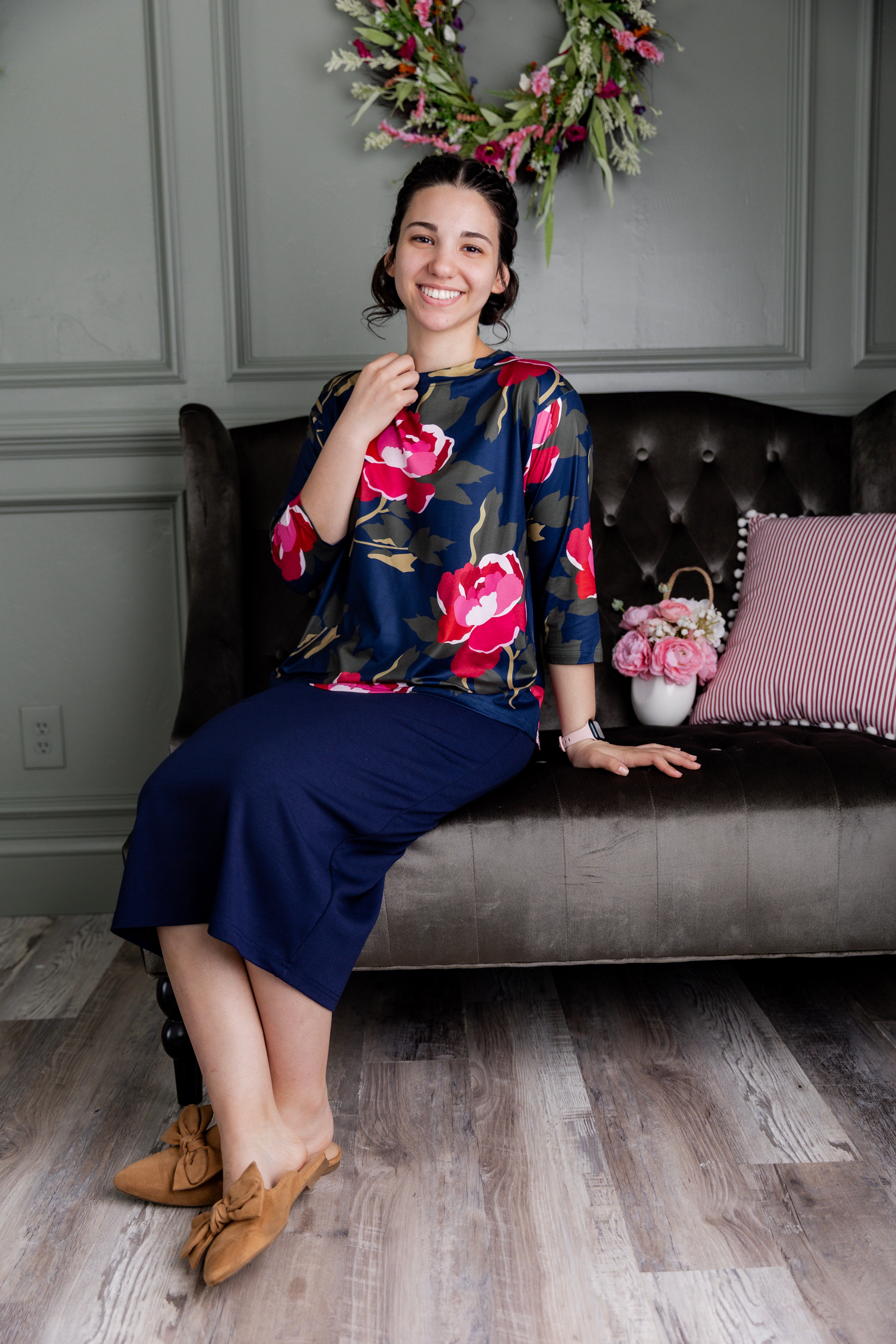 Model wearing the Nuggles® Lucia Top in Rosewood Nights