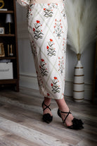 Model wearing modest Nuggles® 31" Lined Pencil Skirt in Ivory Spring 