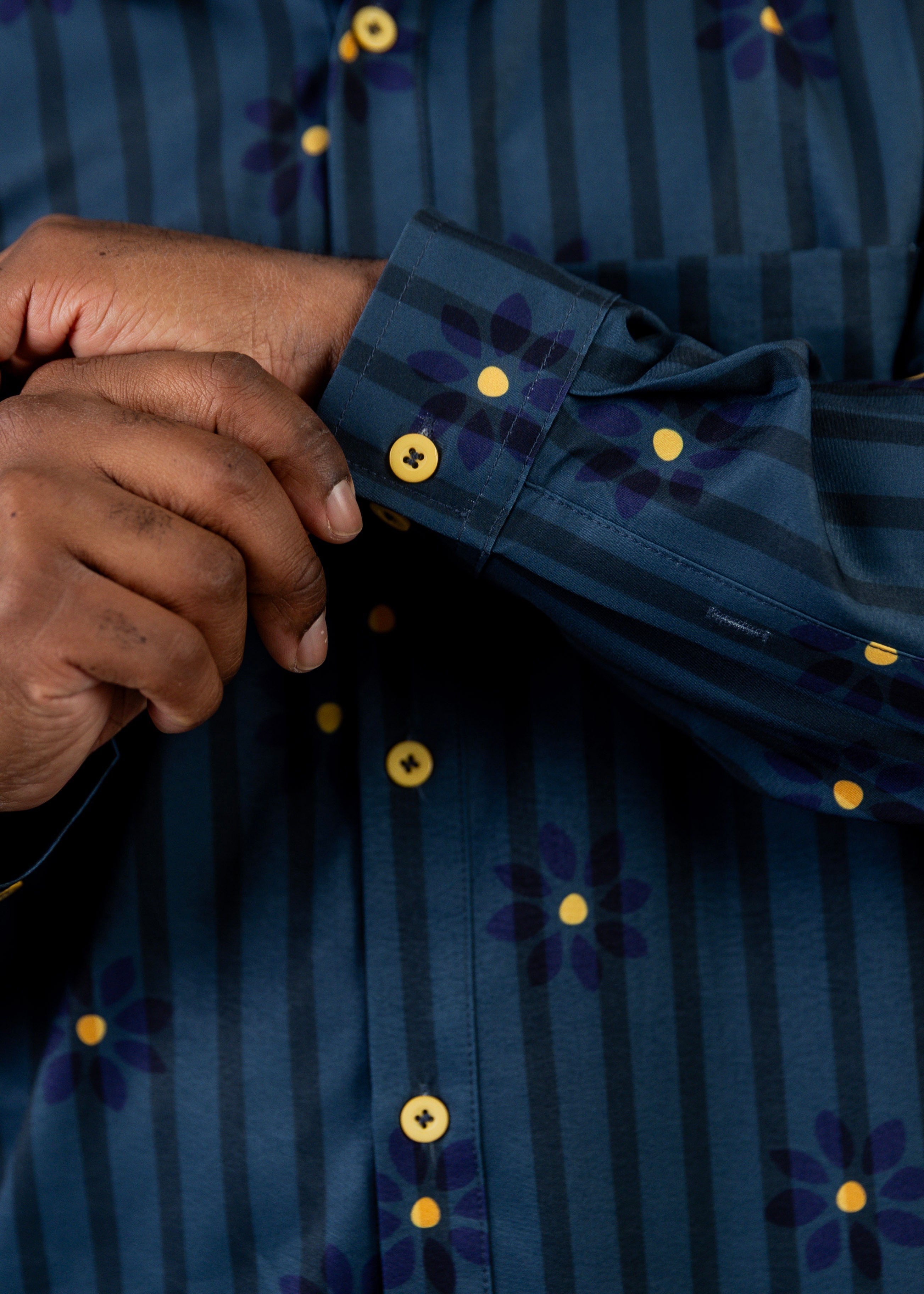 Model wearing Nuggles® Men's Button Down Shirt in Pinstripe Ditsy