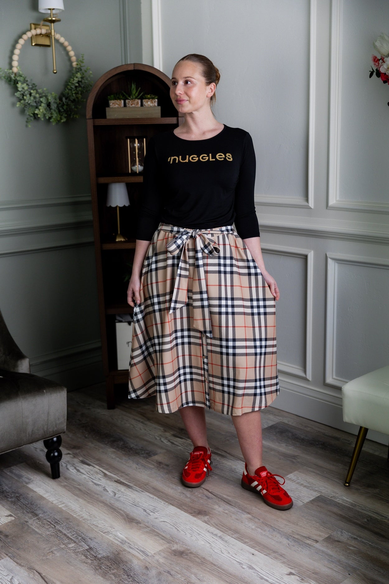 Bria Skirt in Sand Plaid nuggles-clothing