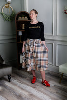 Nuggles® Bria Skirt Sand Plaid neutral plaid midi skirt with waist tie