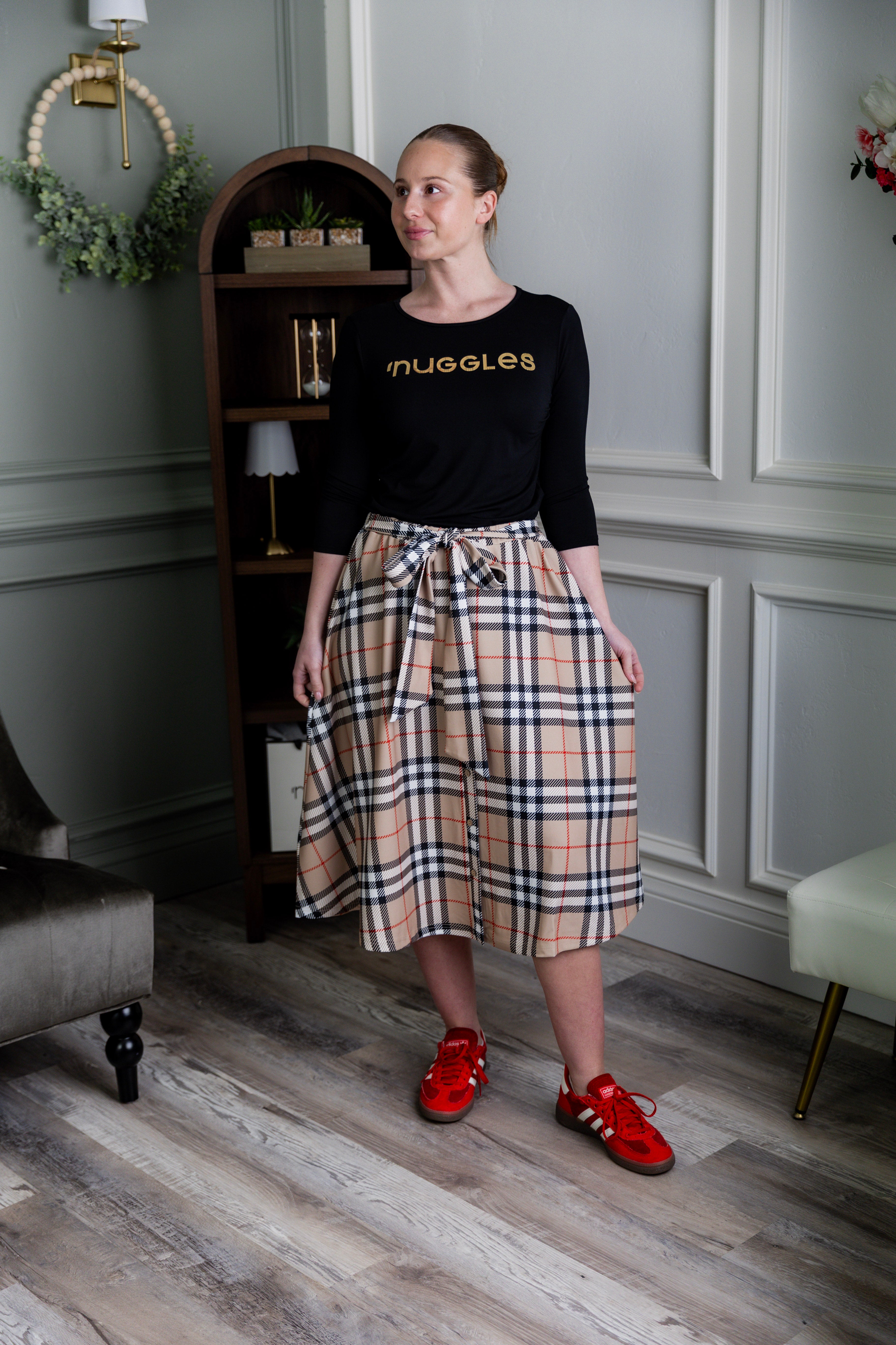Nuggles® Bria Skirt Sand Plaid neutral plaid midi skirt with waist tie