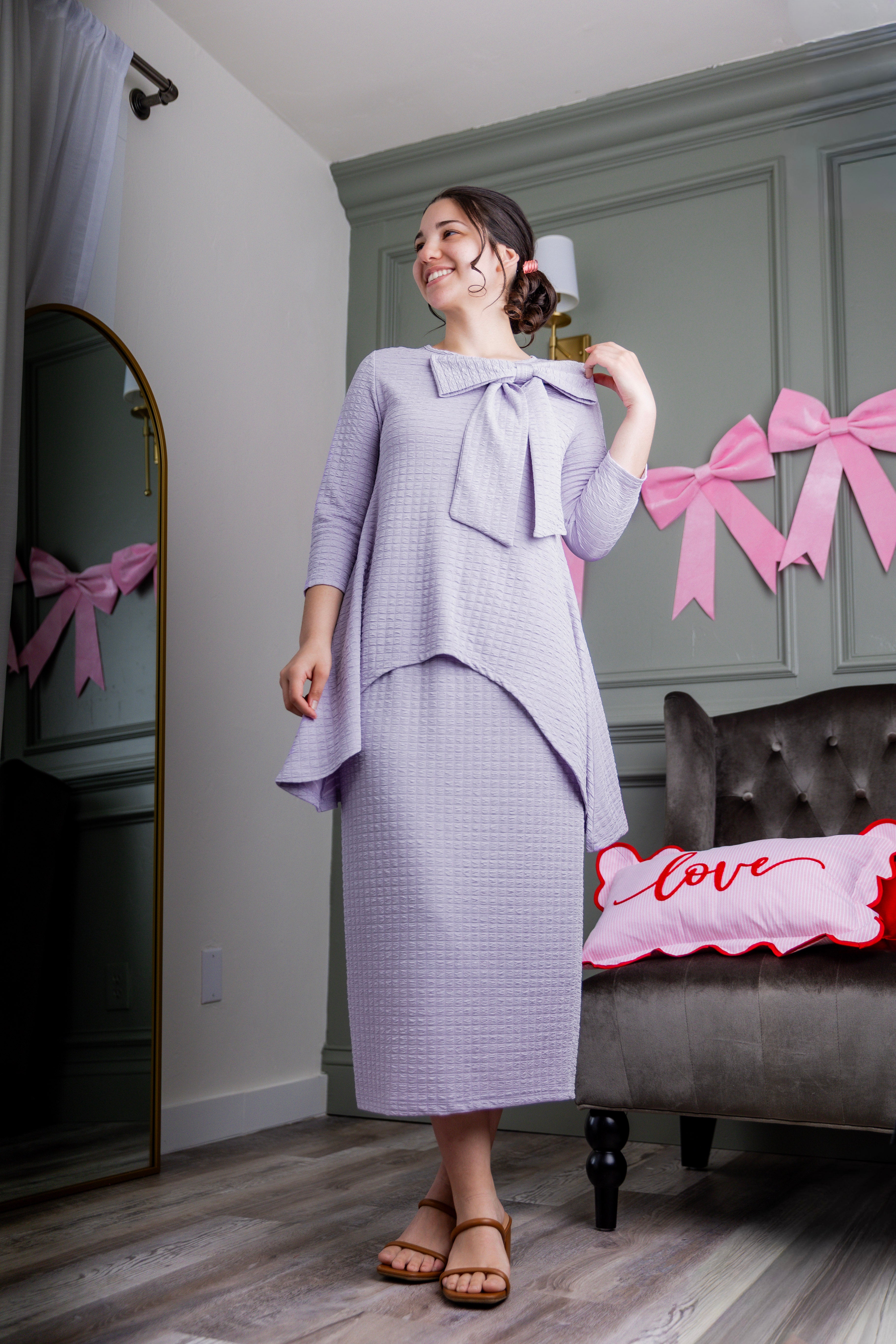 Model wearing Nuggles® Eleanor Top in Lilac