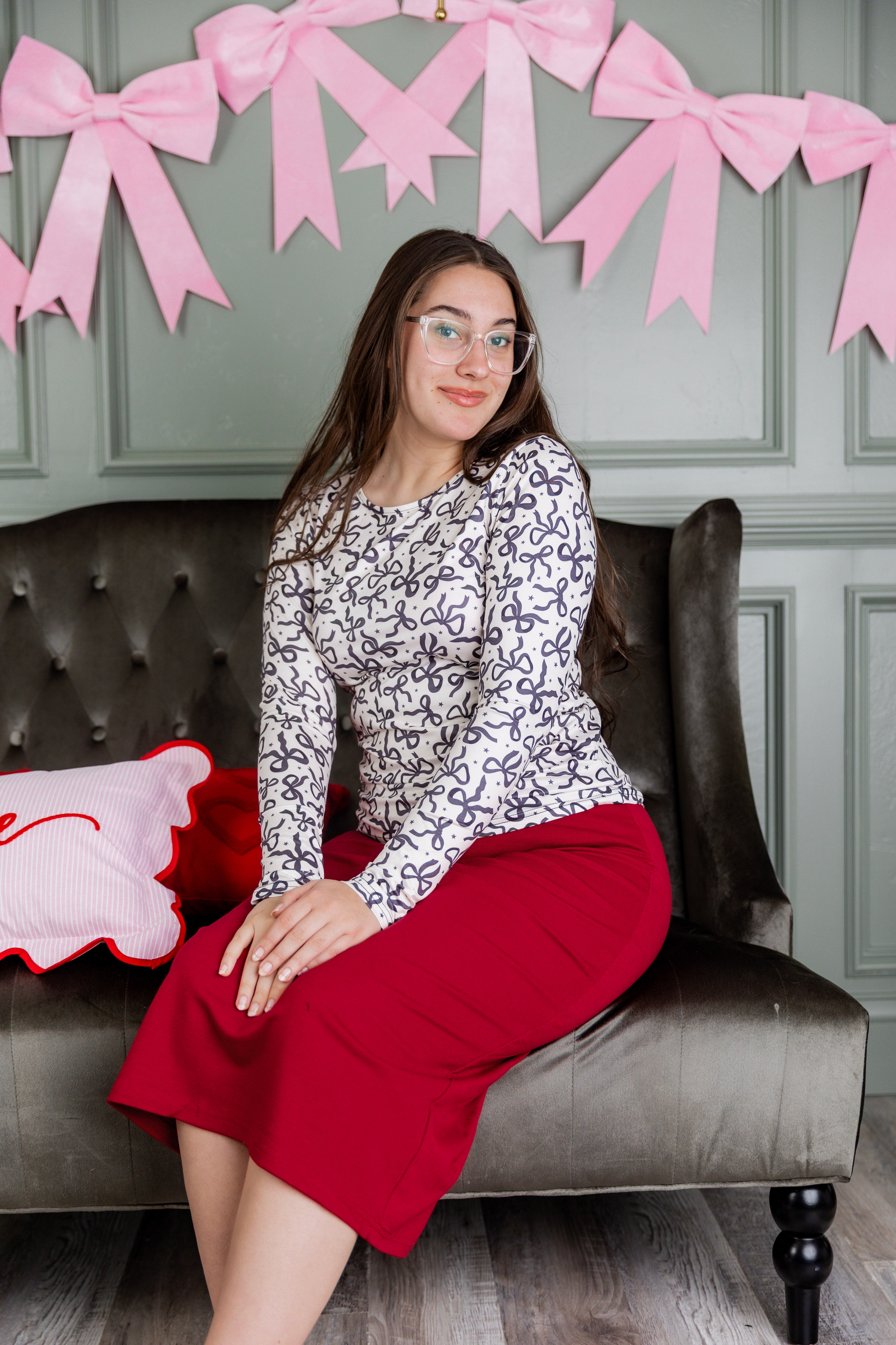 Model wearing Nuggles® 27" Relaxed Skirt in Brick Red