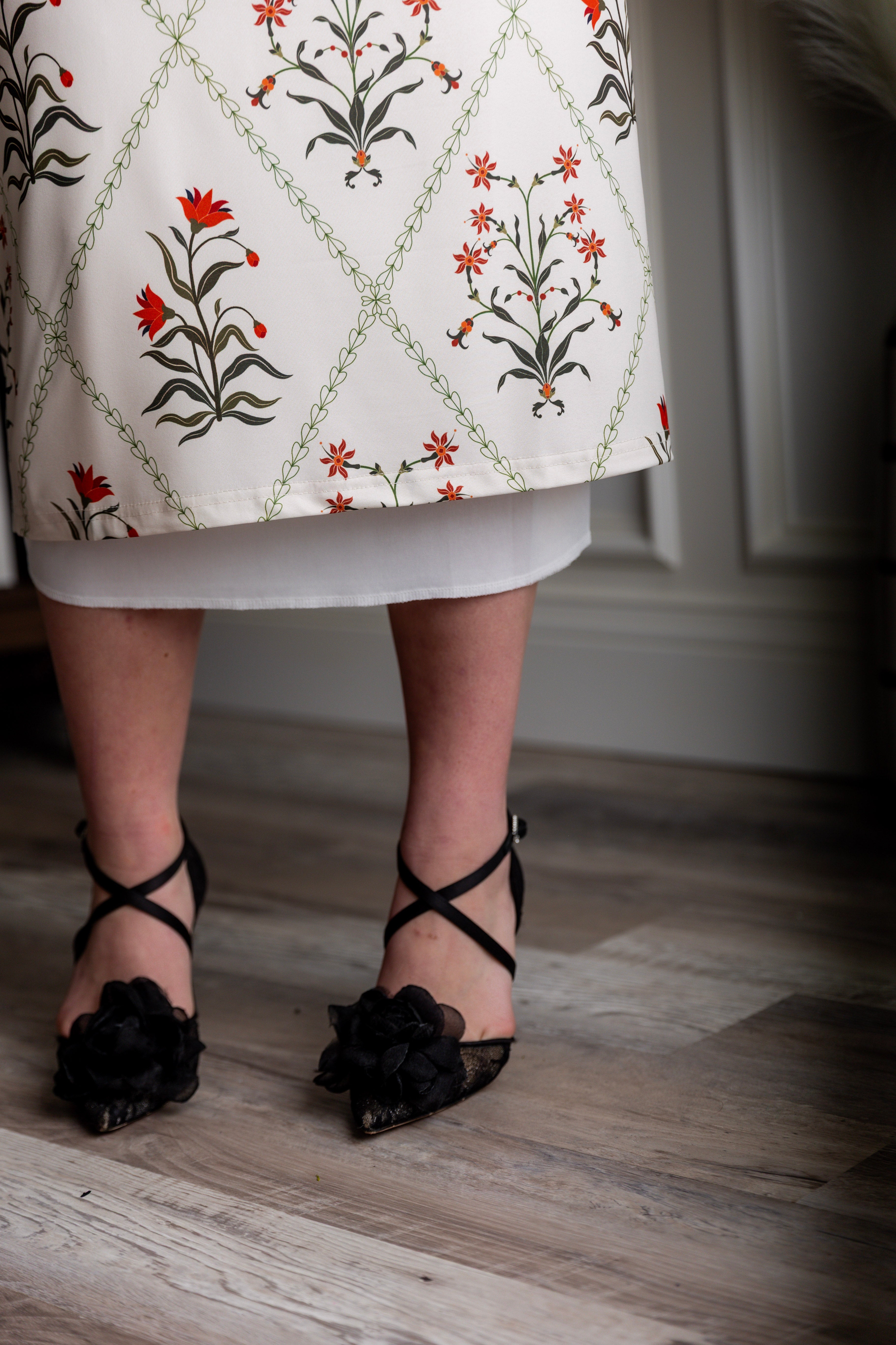 Model wearing modest Nuggles® 31" Lined Pencil Skirt in Ivory Spring 