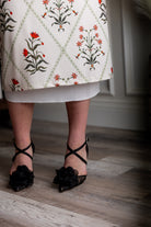 Model wearing modest Nuggles® 31" Lined Pencil Skirt in Ivory Spring 