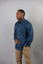 Model wearing Nuggles® Men's Button Down Shirt in Pinstripe Ditsy